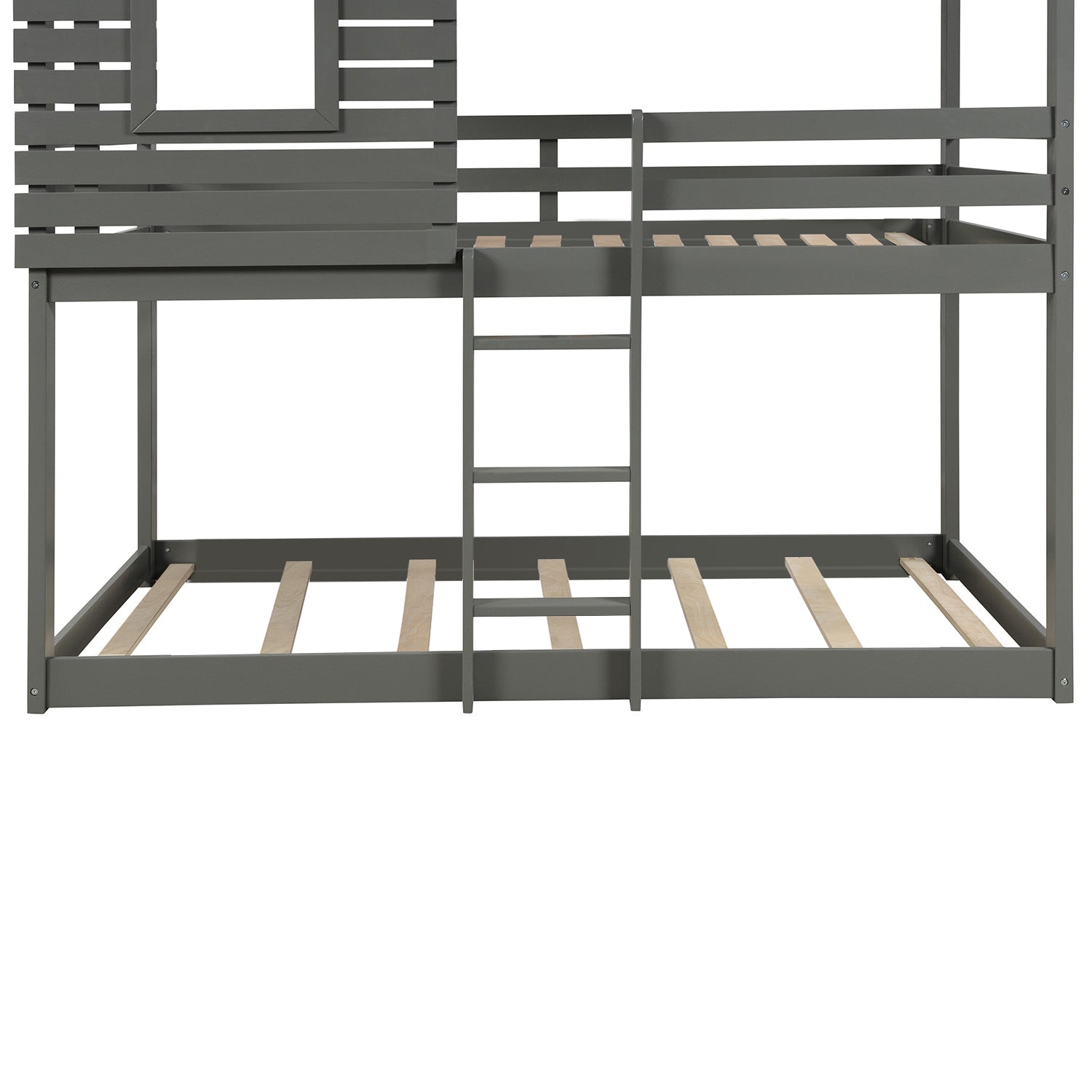 Royard Oaktree Twin Over Twin House Bunk Bed Wood Bed Frame with Roof and Window Modern Low Bunk Bed with Guardrail and Ladder