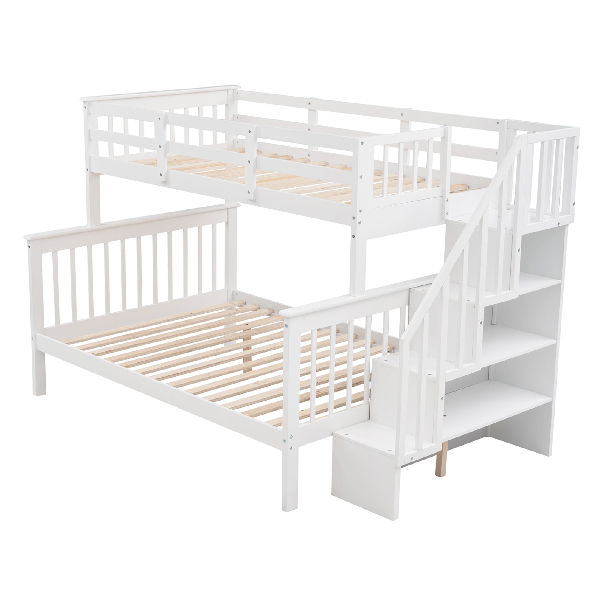 Royard Oaktree Twin-Over-Full Bunk Bed with Storage Stairway and Guard Rail Wood Bunk Bed Frame with Headboard and Footboard, Wood Slats, No Box Spring Needed