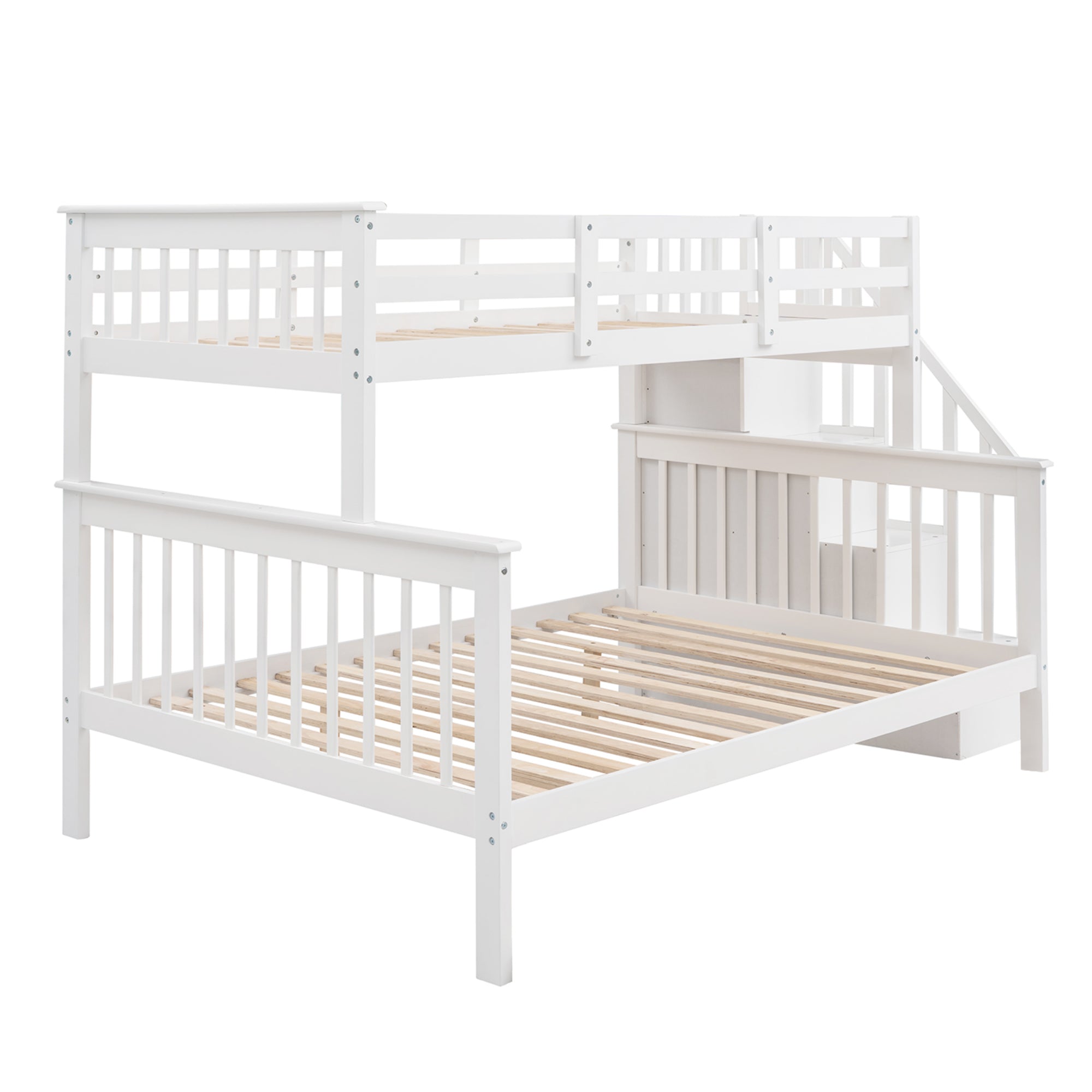 Royard Oaktree Twin-Over-Full Bunk Bed with Storage Stairway and Guard Rail Wood Bunk Bed Frame with Headboard and Footboard, Wood Slats, No Box Spring Needed