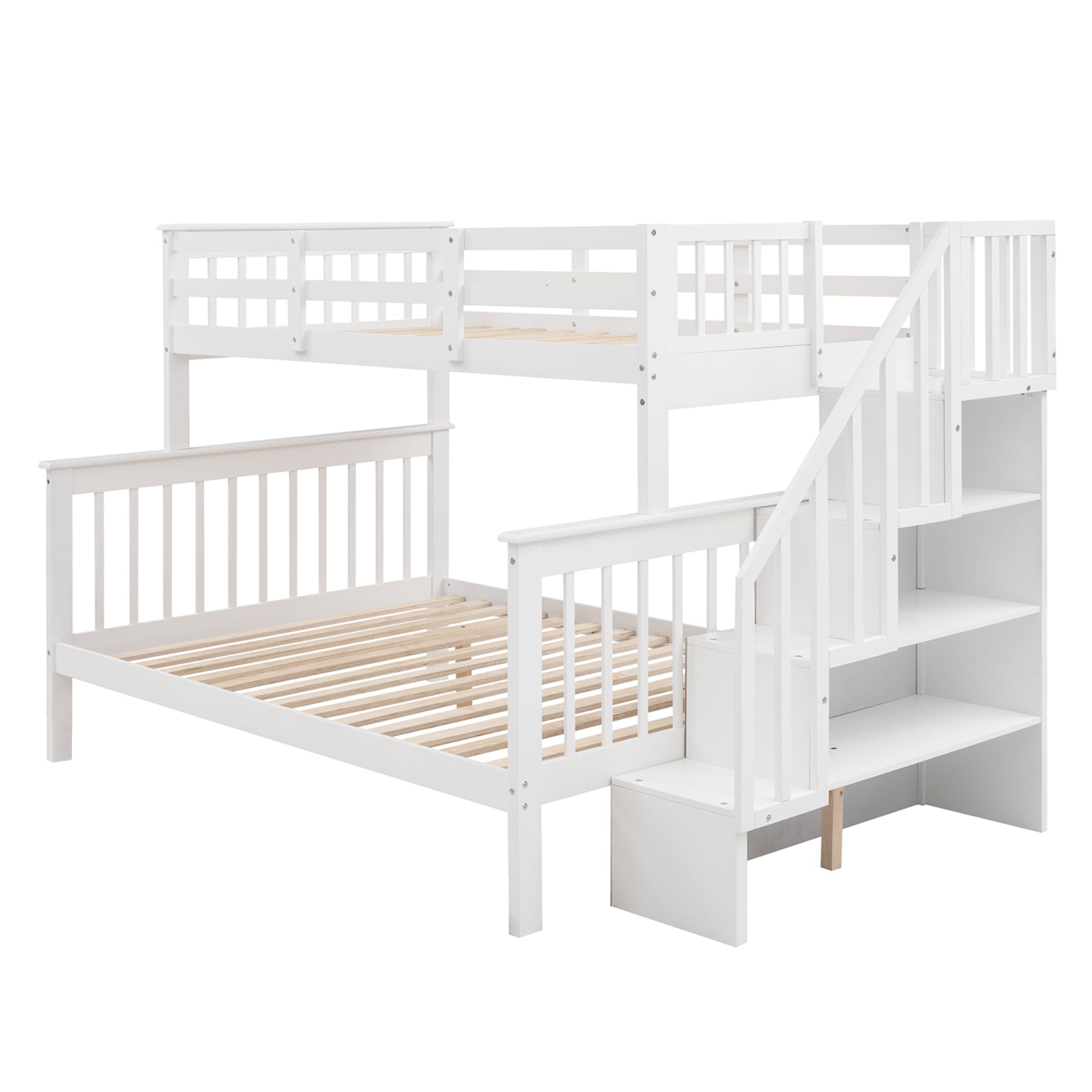 Royard Oaktree Twin-Over-Full Bunk Bed with Storage Stairway and Guard Rail Wood Bunk Bed Frame with Headboard and Footboard, Wood Slats, No Box Spring Needed