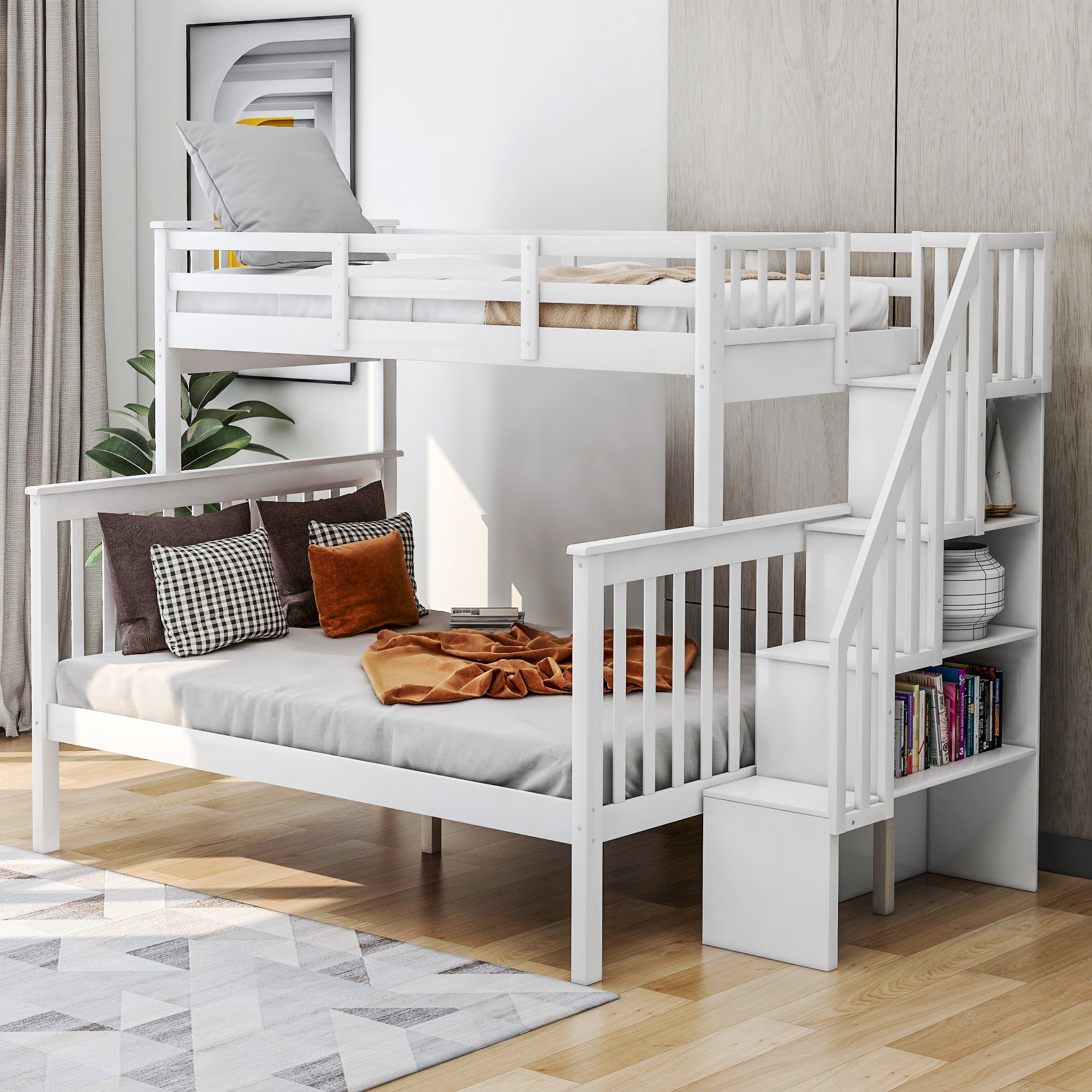 Royard Oaktree Twin-Over-Full Bunk Bed with Storage Stairway and Guard Rail Wood Bunk Bed Frame with Headboard and Footboard, Wood Slats, No Box Spring Needed