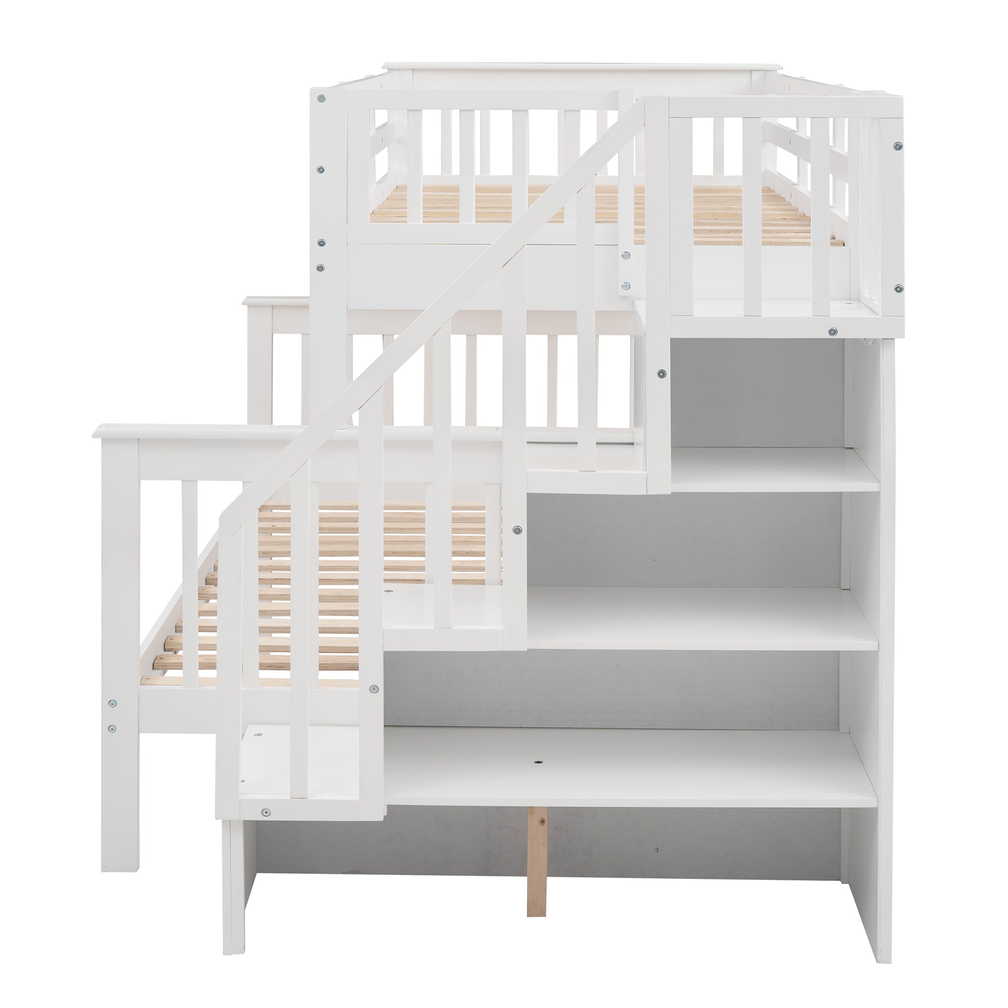 Royard Oaktree Twin-Over-Full Bunk Bed with Storage Stairway and Guard Rail Wood Bunk Bed Frame with Headboard and Footboard, Wood Slats, No Box Spring Needed