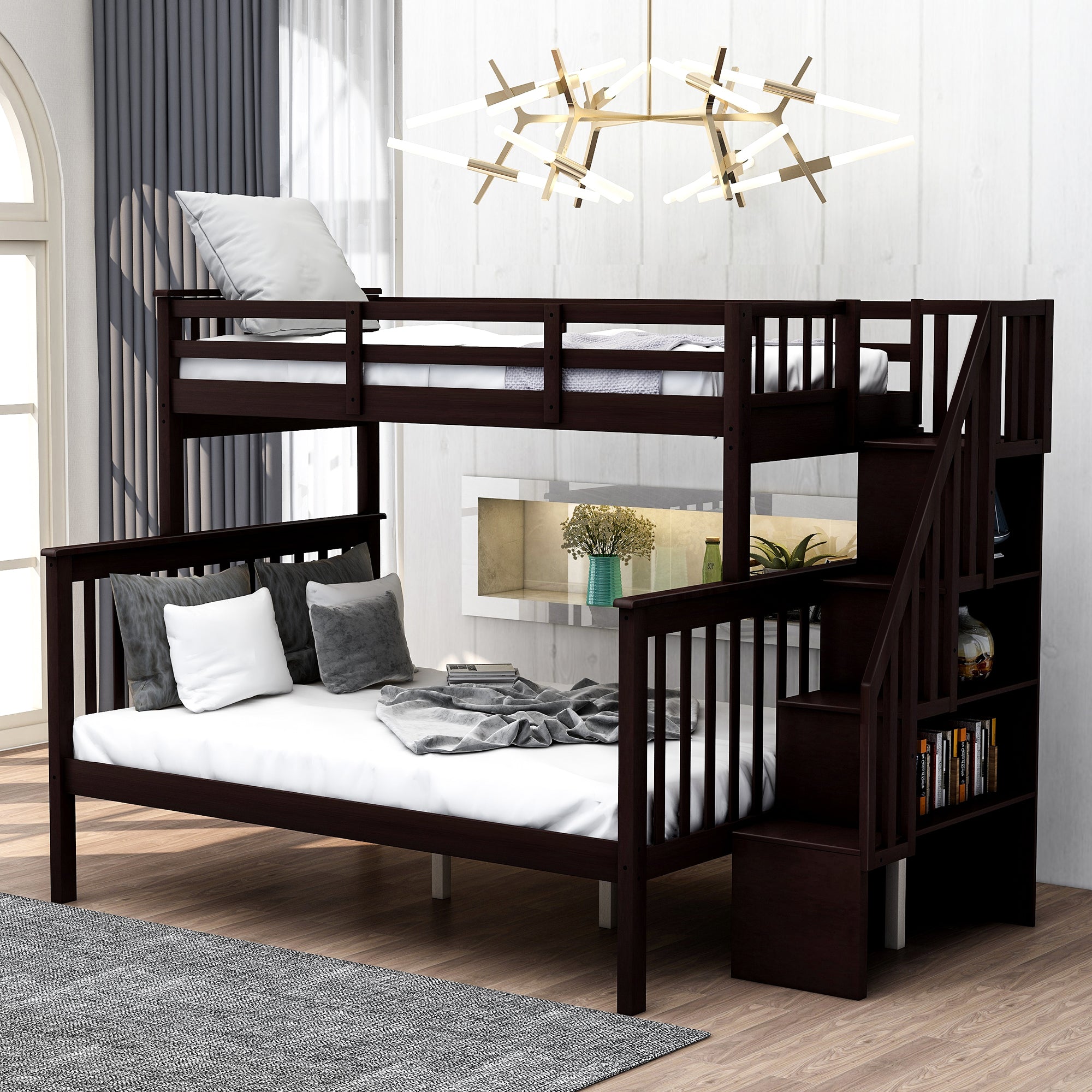 Royard Oaktree Twin-Over-Full Bunk Bed with Storage Stairway and Guard Rail Wood Bunk Bed Frame with Headboard and Footboard, Wood Slats, No Box Spring Needed