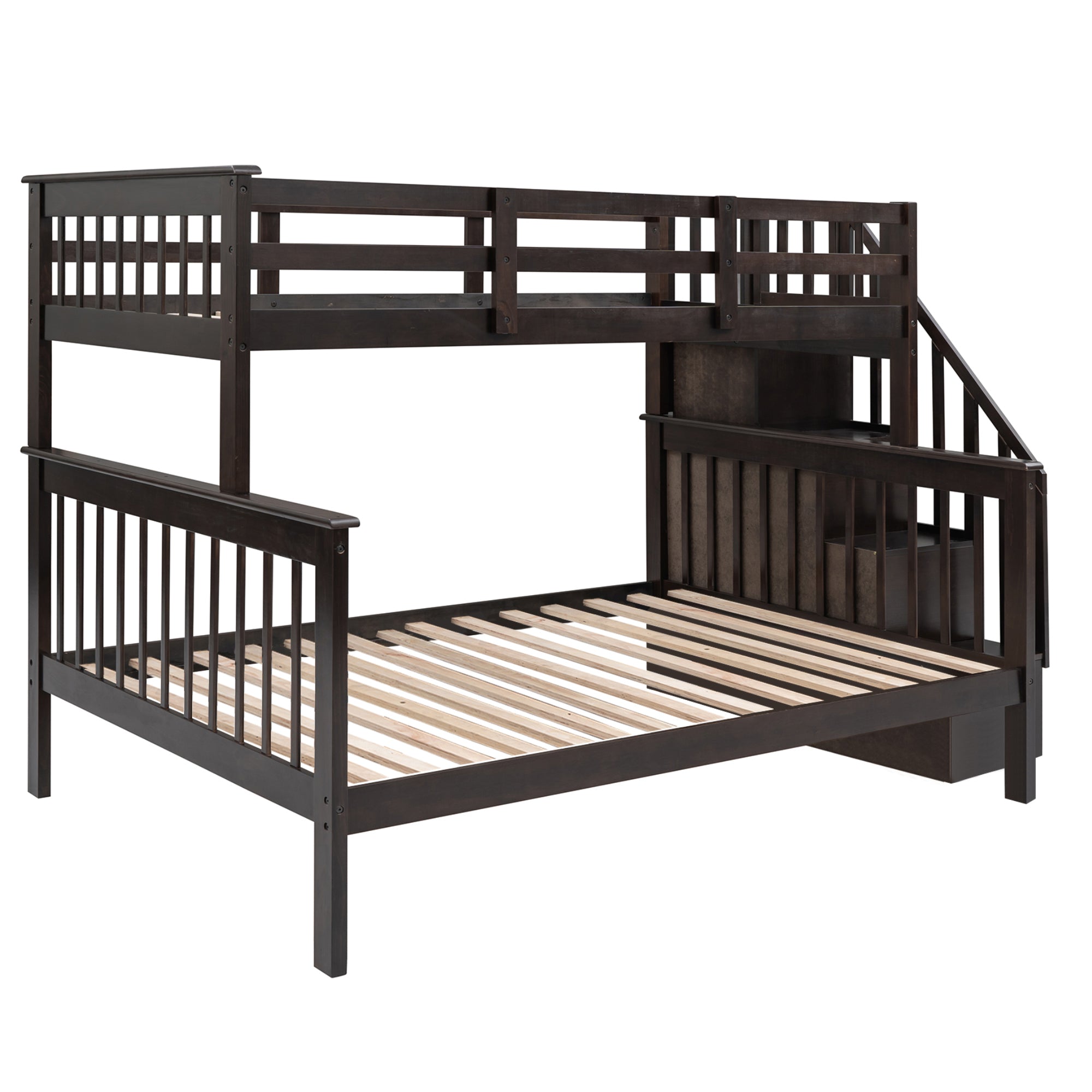 Royard Oaktree Twin-Over-Full Bunk Bed with Storage Stairway and Guard Rail Wood Bunk Bed Frame with Headboard and Footboard, Wood Slats, No Box Spring Needed