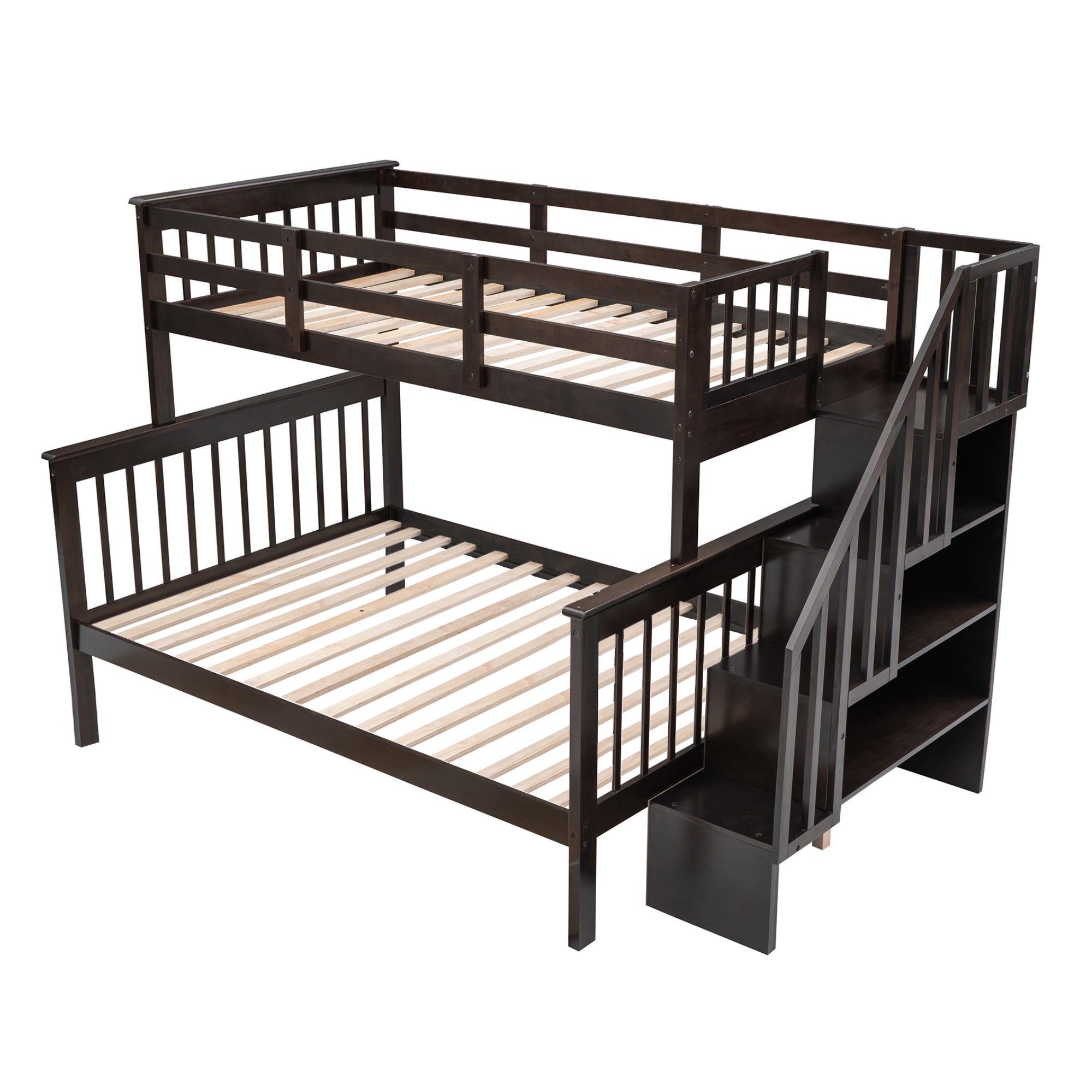 Royard Oaktree Twin-Over-Full Bunk Bed with Storage Stairway and Guard Rail Wood Bunk Bed Frame with Headboard and Footboard, Wood Slats, No Box Spring Needed