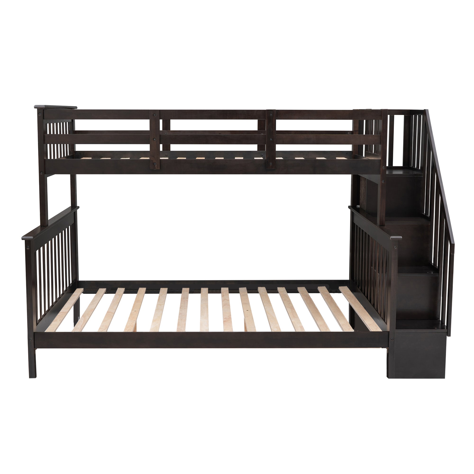 Royard Oaktree Twin-Over-Full Bunk Bed with Storage Stairway and Guard Rail Wood Bunk Bed Frame with Headboard and Footboard, Wood Slats, No Box Spring Needed