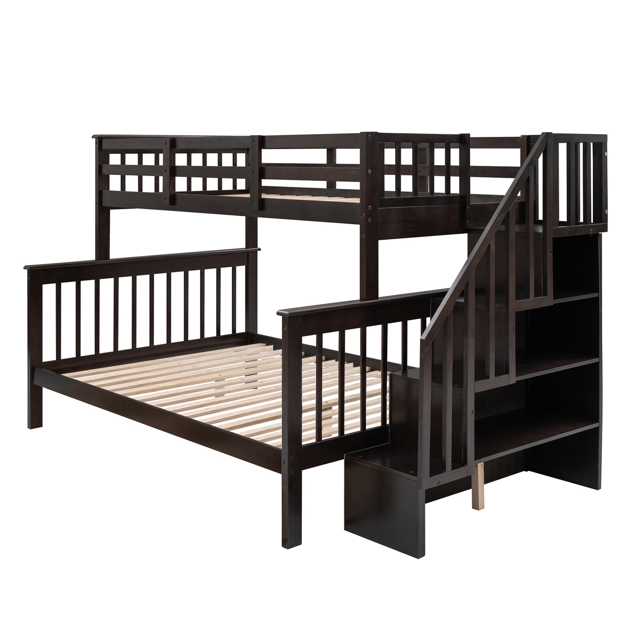 Royard Oaktree Twin-Over-Full Bunk Bed with Storage Stairway and Guard Rail Wood Bunk Bed Frame with Headboard and Footboard, Wood Slats, No Box Spring Needed