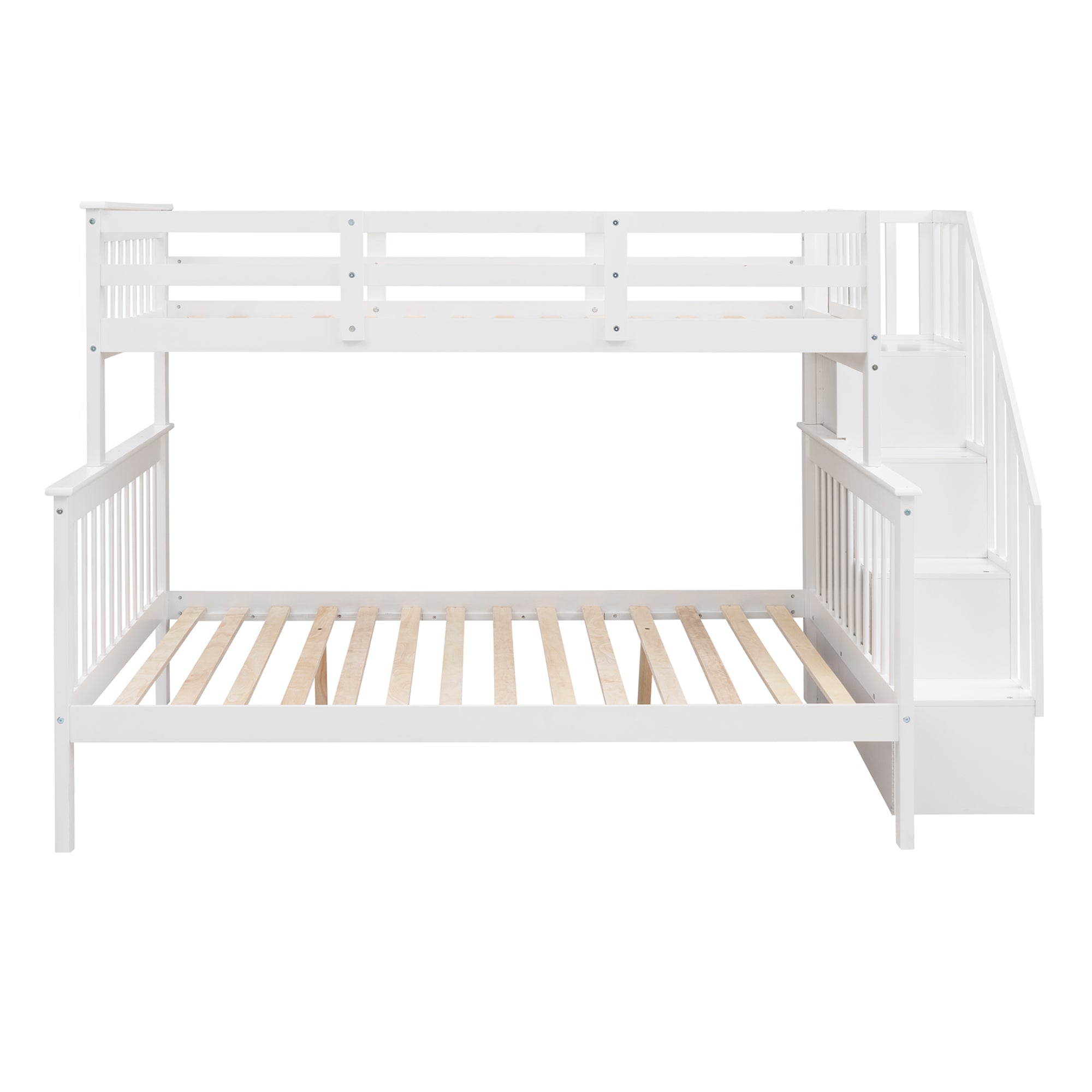 Royard Oaktree Twin-Over-Full Bunk Bed with Storage Stairway and Guard Rail Wood Bunk Bed Frame with Headboard and Footboard, Wood Slats, No Box Spring Needed