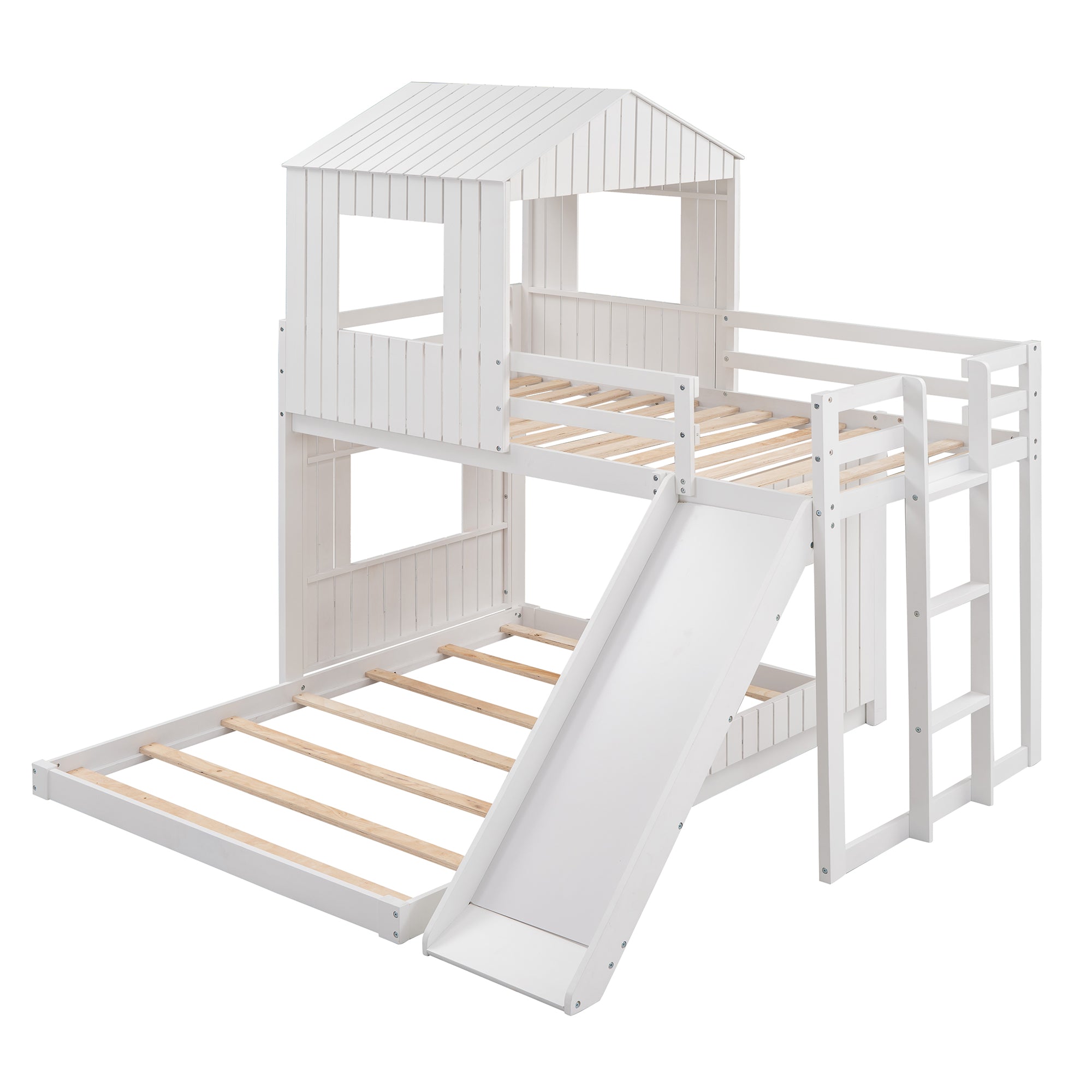 Royard Oaktree Twin Over Full House Bunk Beds with Roof and Windows Wooden Bunk Bed Frame with Ladder and Guardrails for Kids, Teens