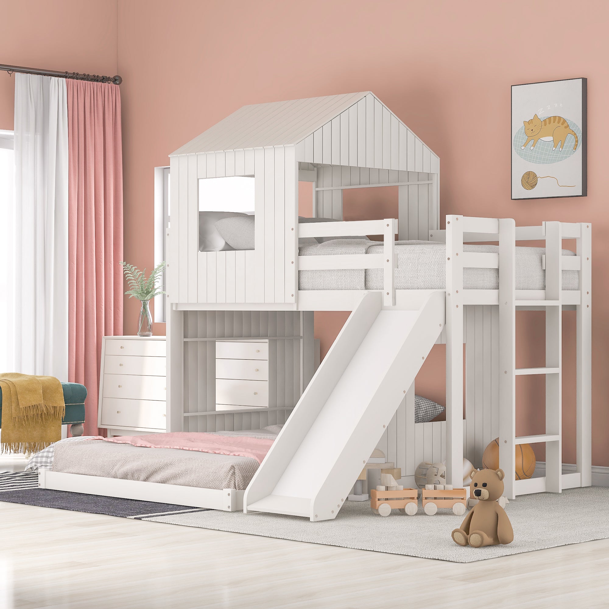 Royard Oaktree Twin Over Full House Bunk Beds with Roof and Windows Wooden Bunk Bed Frame with Ladder and Guardrails for Kids, Teens