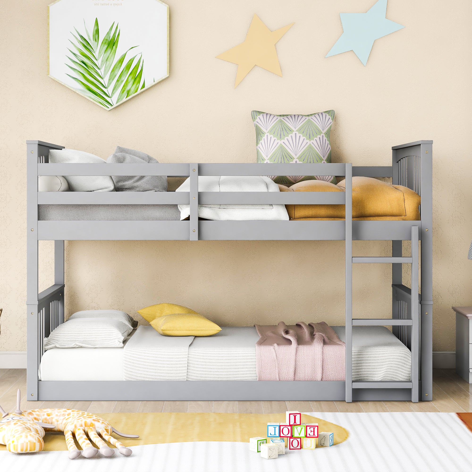 Royard Oaktree Twin Over Twin Bunk Bed with Ladder and Guardrails Wood Bunk Bed Frame with Headboard and Footboard, Wood Slats, No Box Spring Needed, Gray