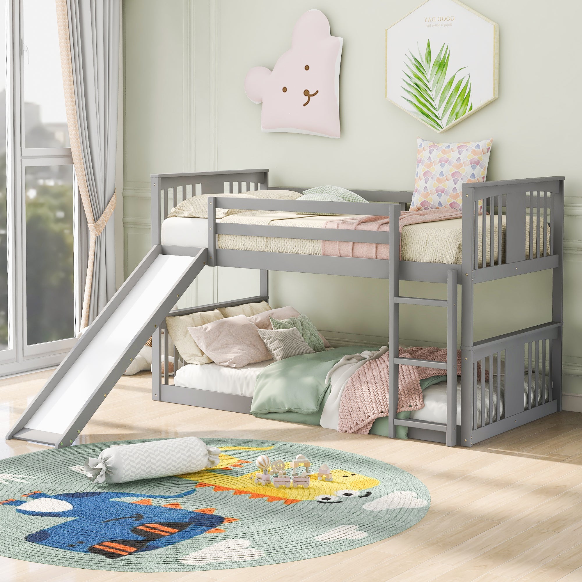 Royard Oaktree Twin Over Twin Bunk Bed with Slide and Ladder Wood Bunk Bed Frame with Headboard and Footboard, Wood Slats, No Box Spring Needed