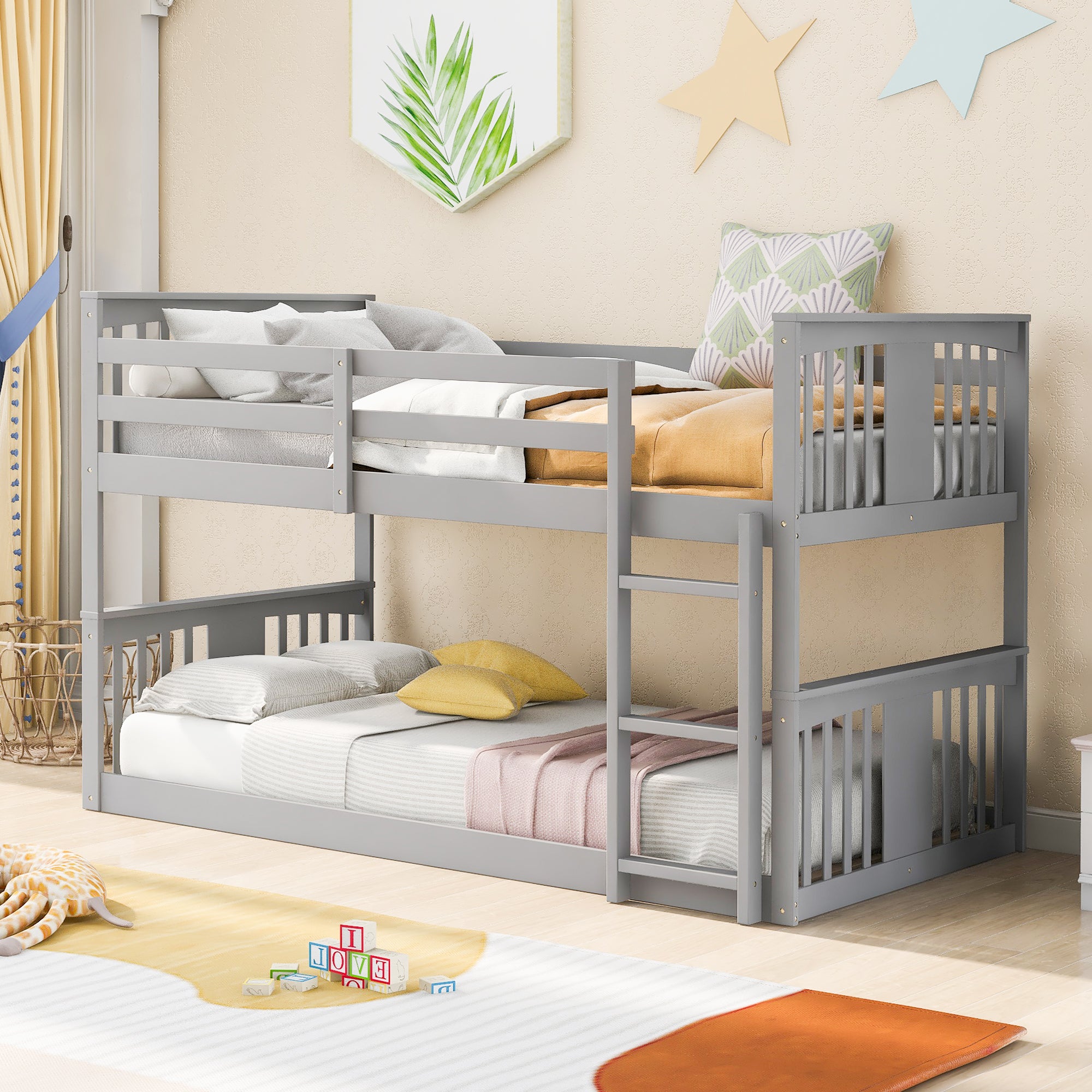 Royard Oaktree Twin Over Twin Bunk Bed with Ladder and Guardrails Wood Bunk Bed Frame with Headboard and Footboard, Wood Slats, No Box Spring Needed, Gray