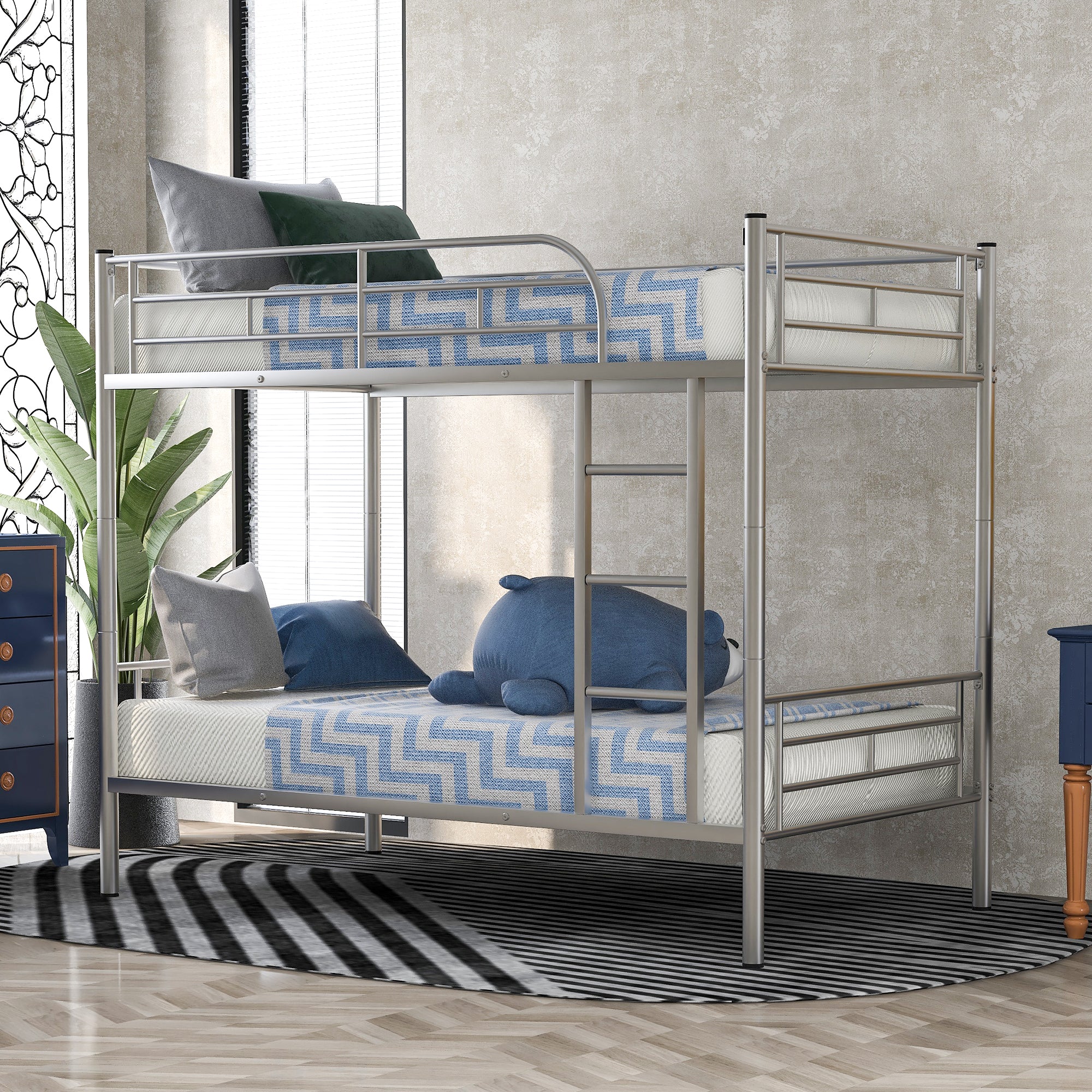 Royard Oaktree Twin Over Twin Metal Bunk Bed with Ladder and Guardrails Modern Bunk Bed Frame with Headboard and Footboard, Metal Slats, No Box Spring Needed