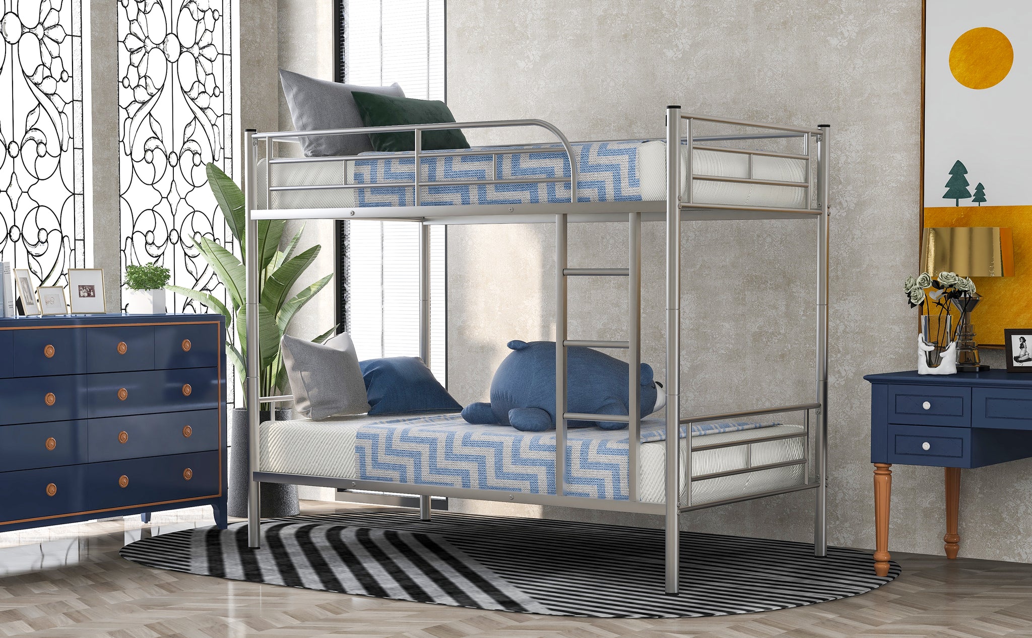 Royard Oaktree Twin Over Twin Metal Bunk Bed with Ladder and Guardrails Modern Bunk Bed Frame with Headboard and Footboard, Metal Slats, No Box Spring Needed