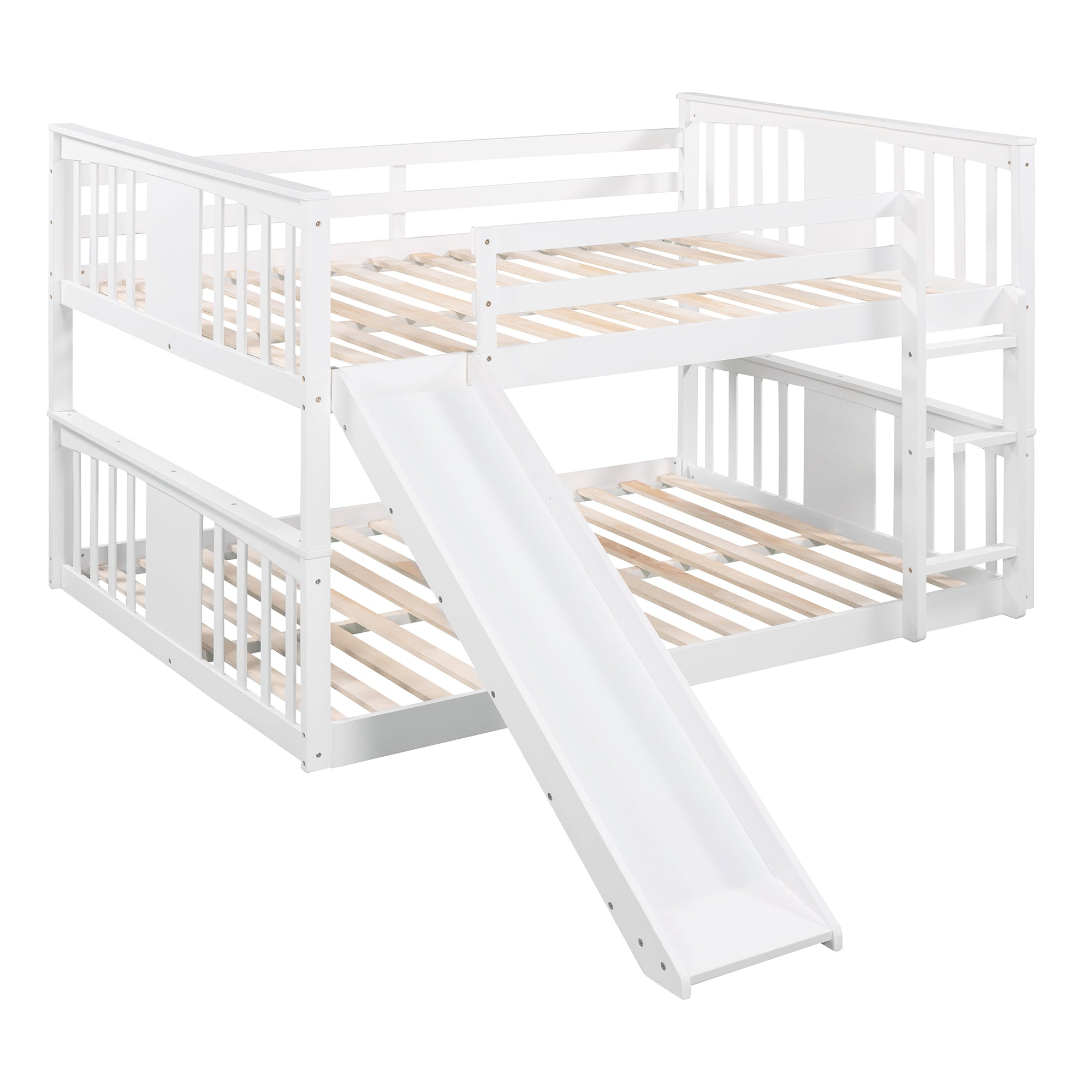 Royard Oaktree Full Over Full Bunk Bed with Ladder with Slide Wood Low Bunk Bed Frame with Guardrails and Slats, No Box Spring Needed