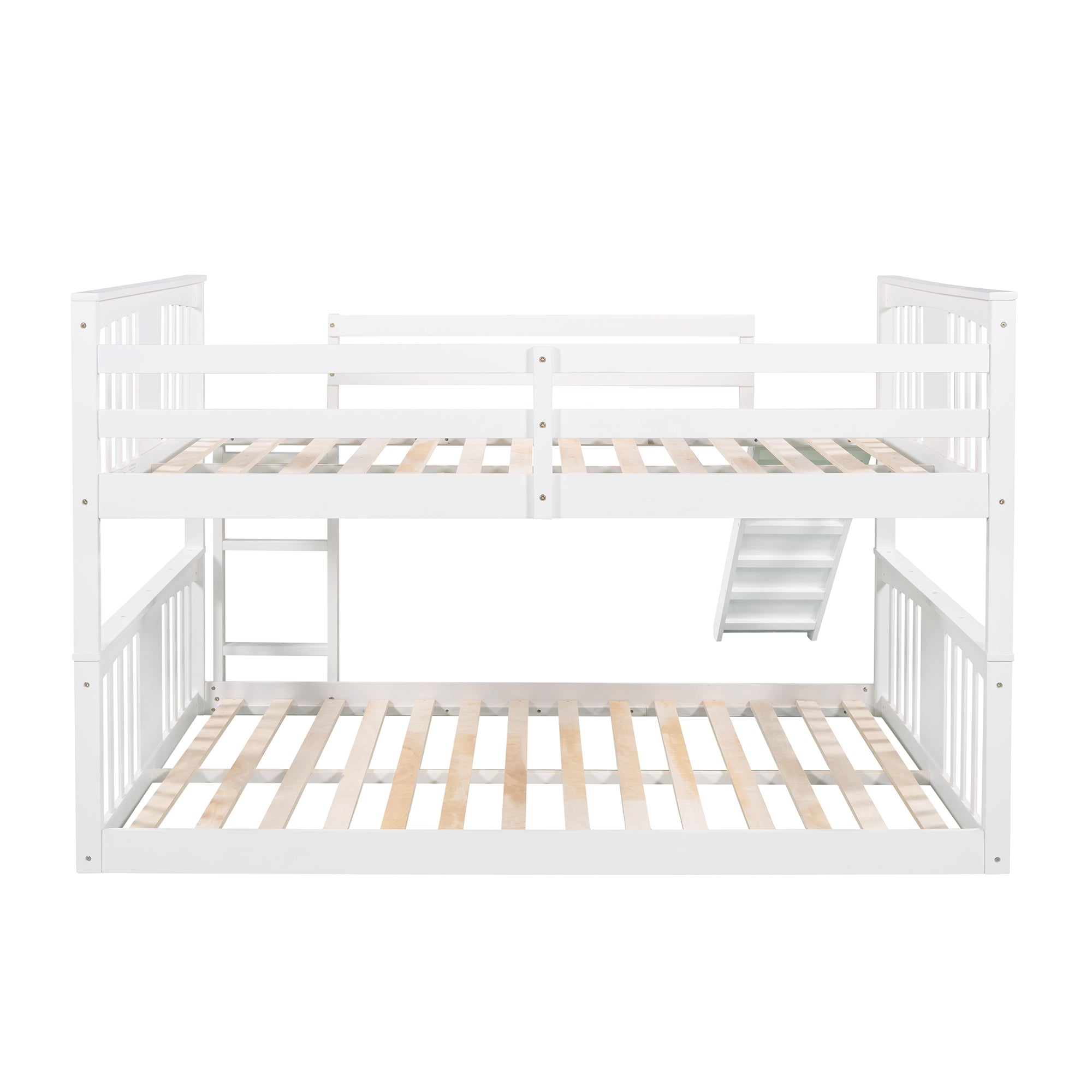 Royard Oaktree Full Over Full Bunk Bed with Ladder with Slide Wood Low Bunk Bed Frame with Guardrails and Slats, No Box Spring Needed