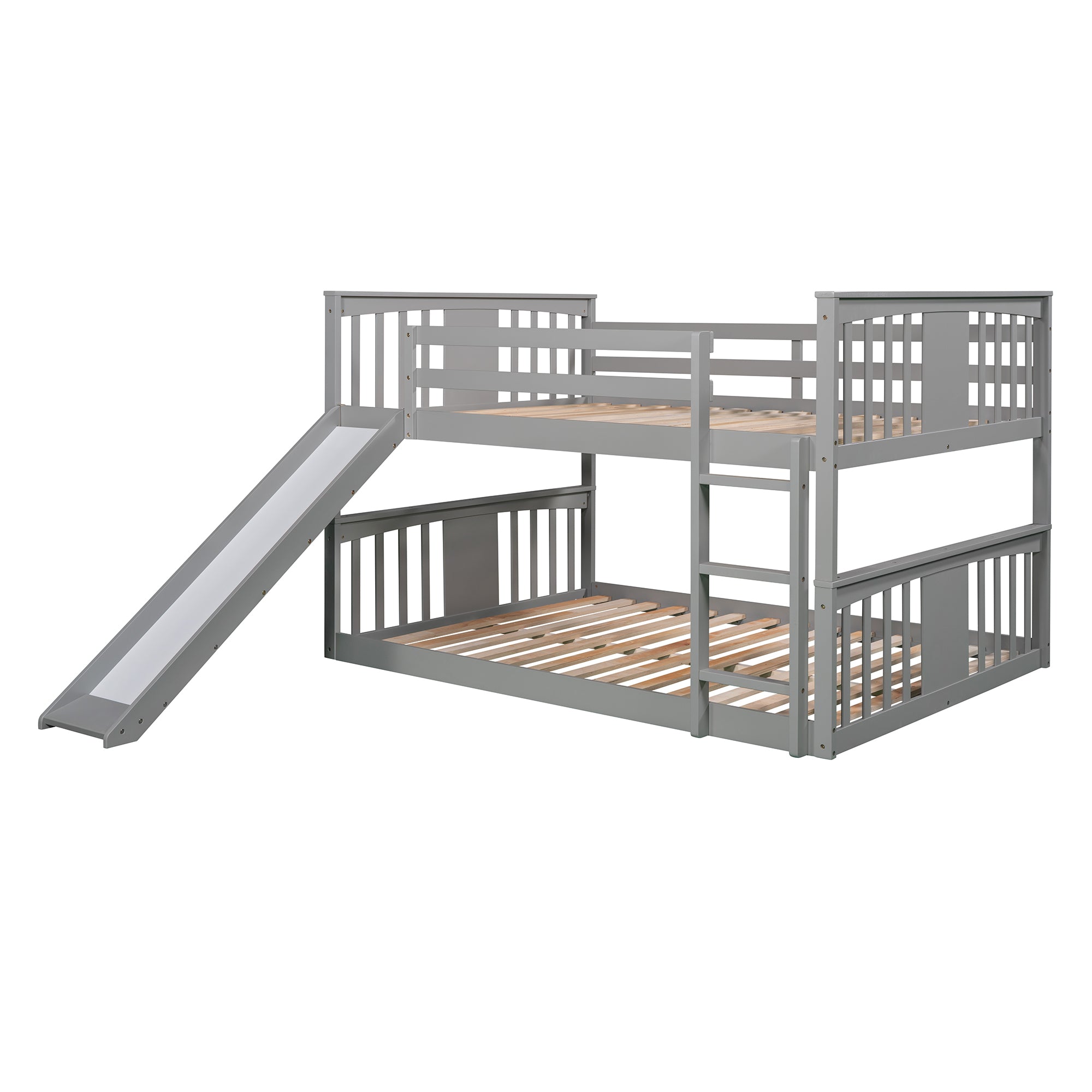 Royard Oaktree Full Over Full Bunk Bed with Ladder with Slide Wood Low Bunk Bed Frame with Guardrails and Slats, No Box Spring Needed