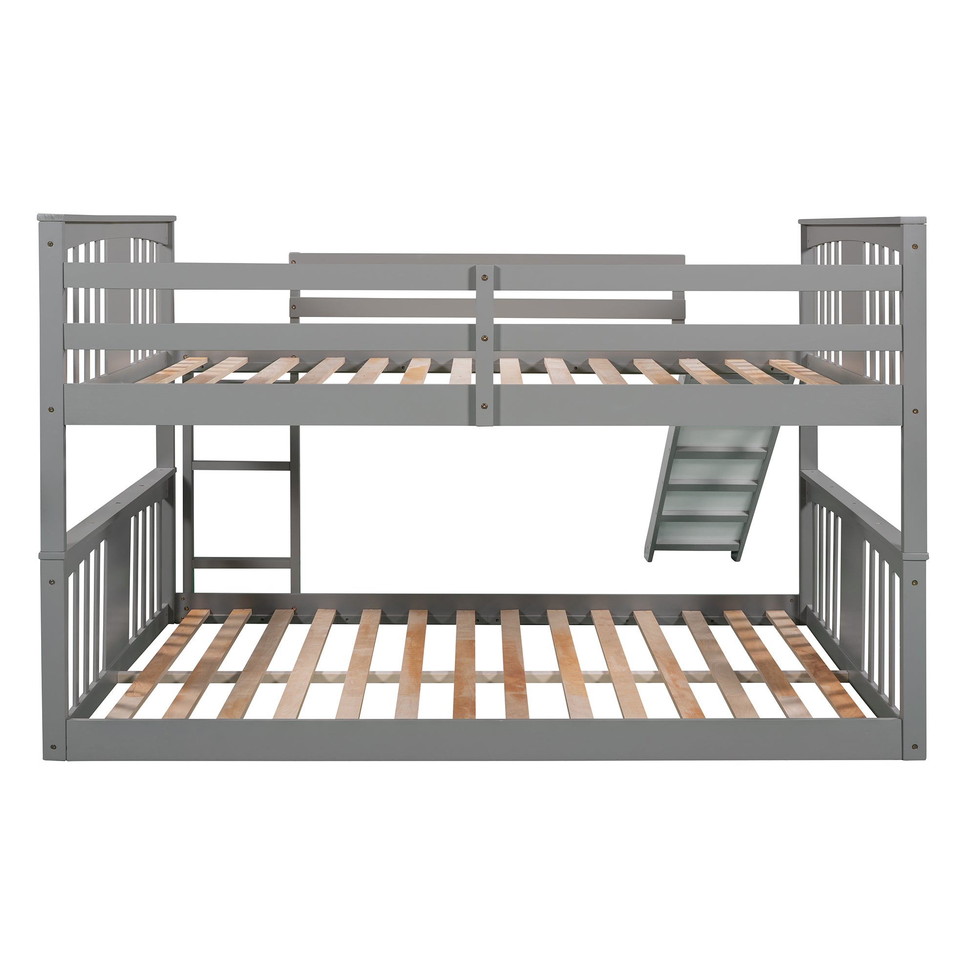 Royard Oaktree Full Over Full Bunk Bed with Ladder with Slide Wood Low Bunk Bed Frame with Guardrails and Slats, No Box Spring Needed