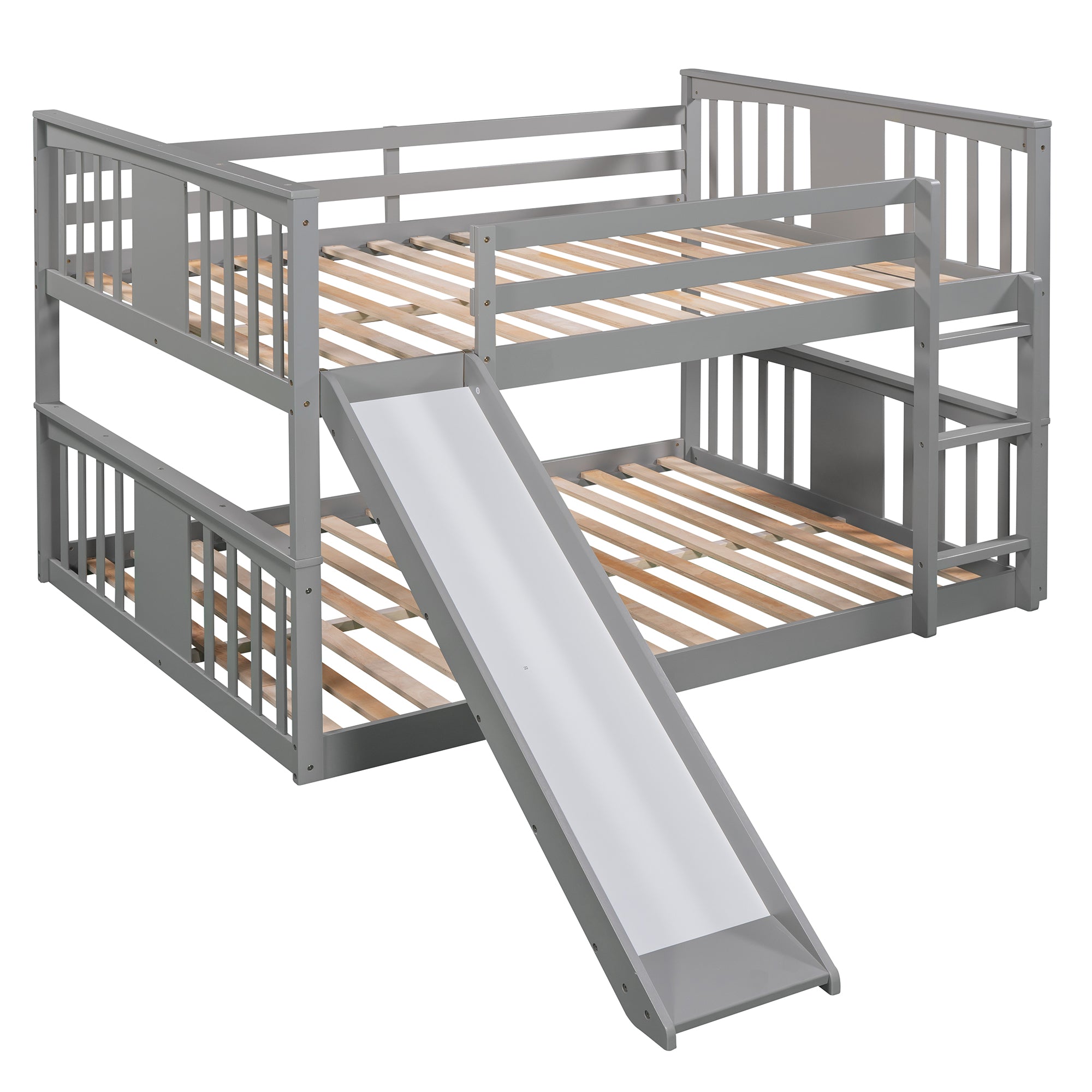 Royard Oaktree Full Over Full Bunk Bed with Ladder with Slide Wood Low Bunk Bed Frame with Guardrails and Slats, No Box Spring Needed