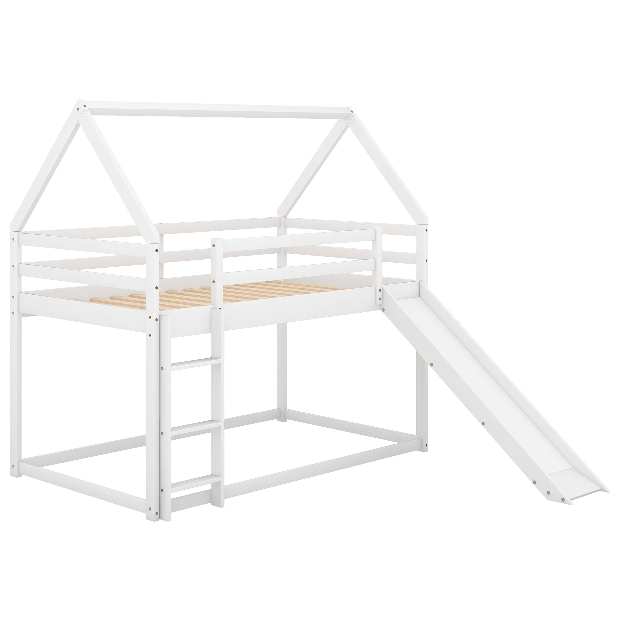 Royard Oaktree Twin Size Bunk House Bed with Slide and Ladder Wood Bunk Bed Frame with Slats and Guardrail