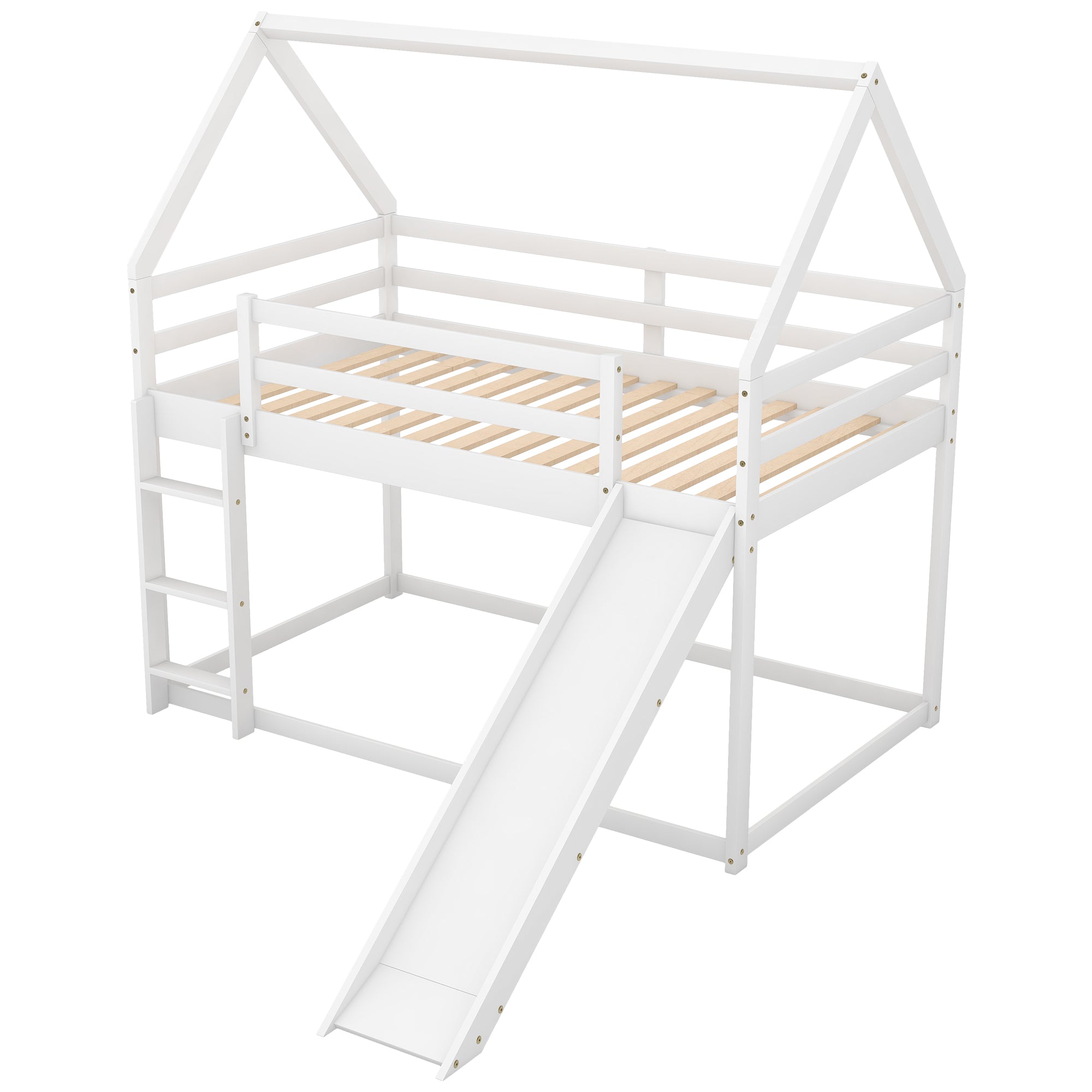 Royard Oaktree Twin Size Bunk House Bed with Slide and Ladder Wood Bunk Bed Frame with Slats and Guardrail