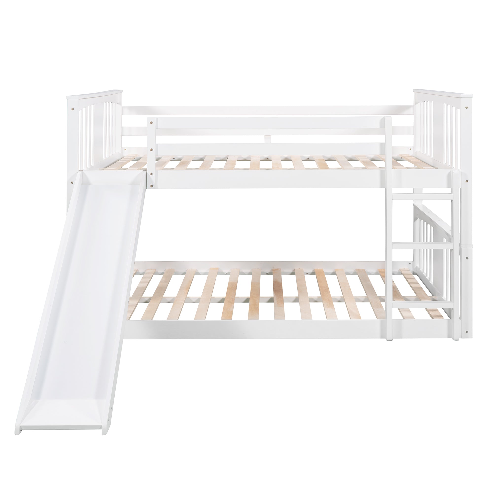 Royard Oaktree Full Over Full Bunk Bed with Ladder with Slide Wood Low Bunk Bed Frame with Guardrails and Slats, No Box Spring Needed