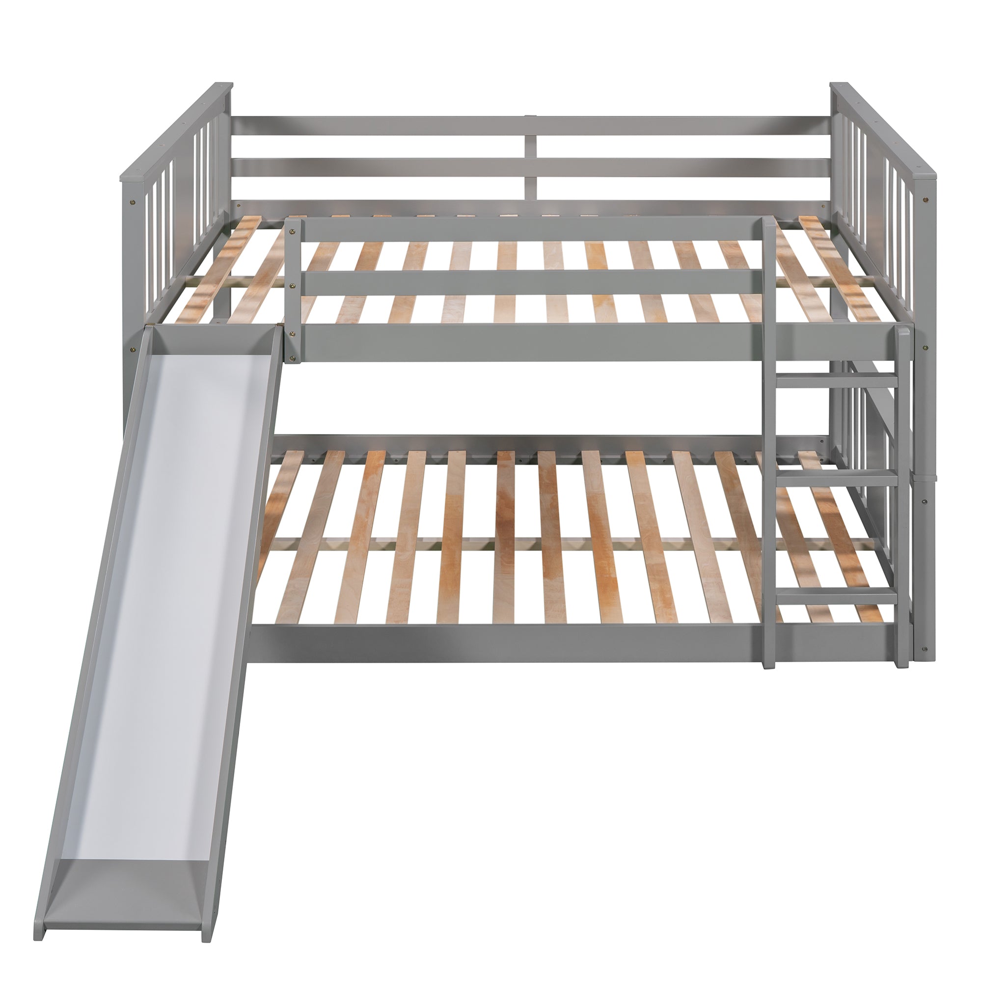 Royard Oaktree Full Over Full Bunk Bed with Ladder with Slide Wood Low Bunk Bed Frame with Guardrails and Slats, No Box Spring Needed