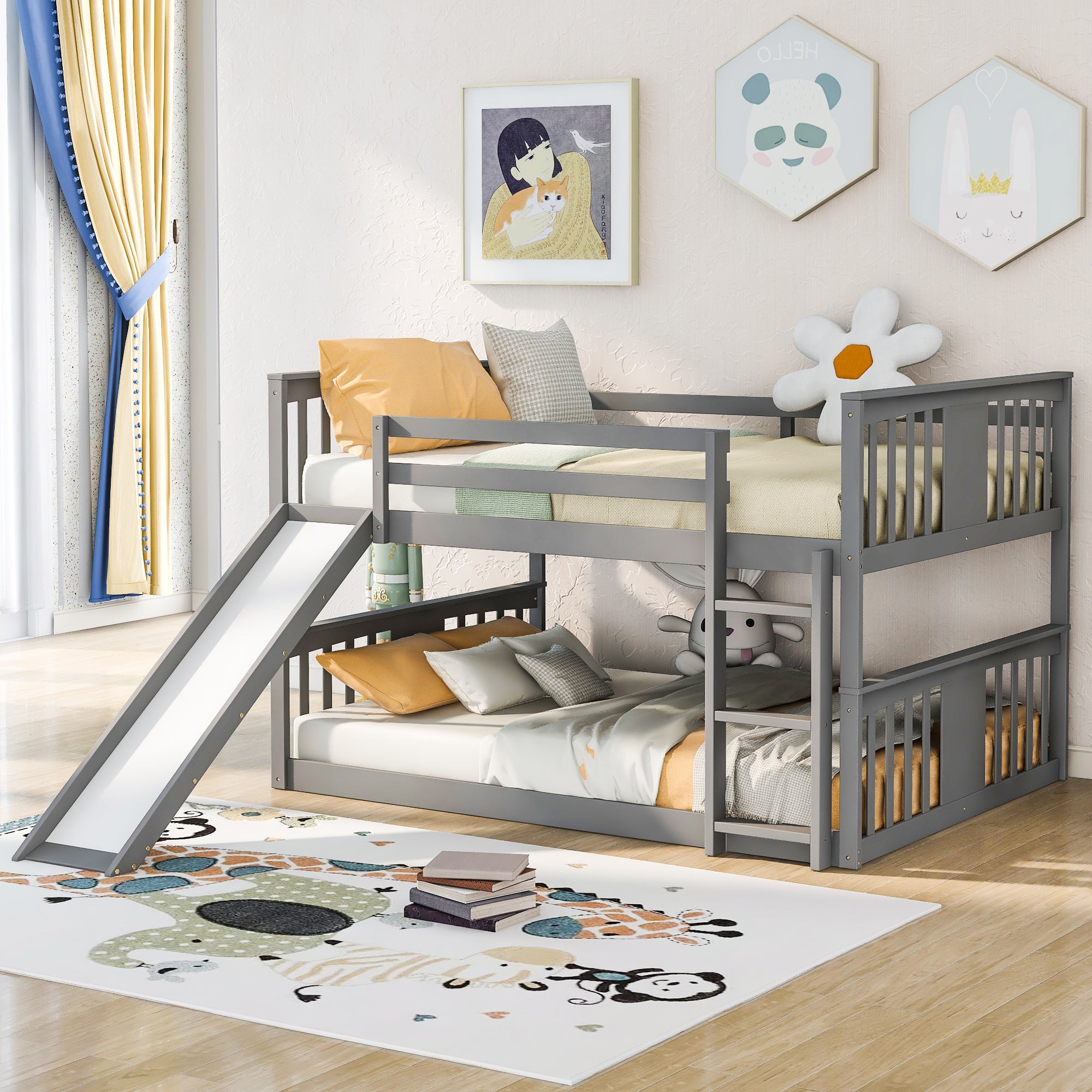 Royard Oaktree Full Over Full Bunk Bed with Ladder with Slide Wood Low Bunk Bed Frame with Guardrails and Slats, No Box Spring Needed