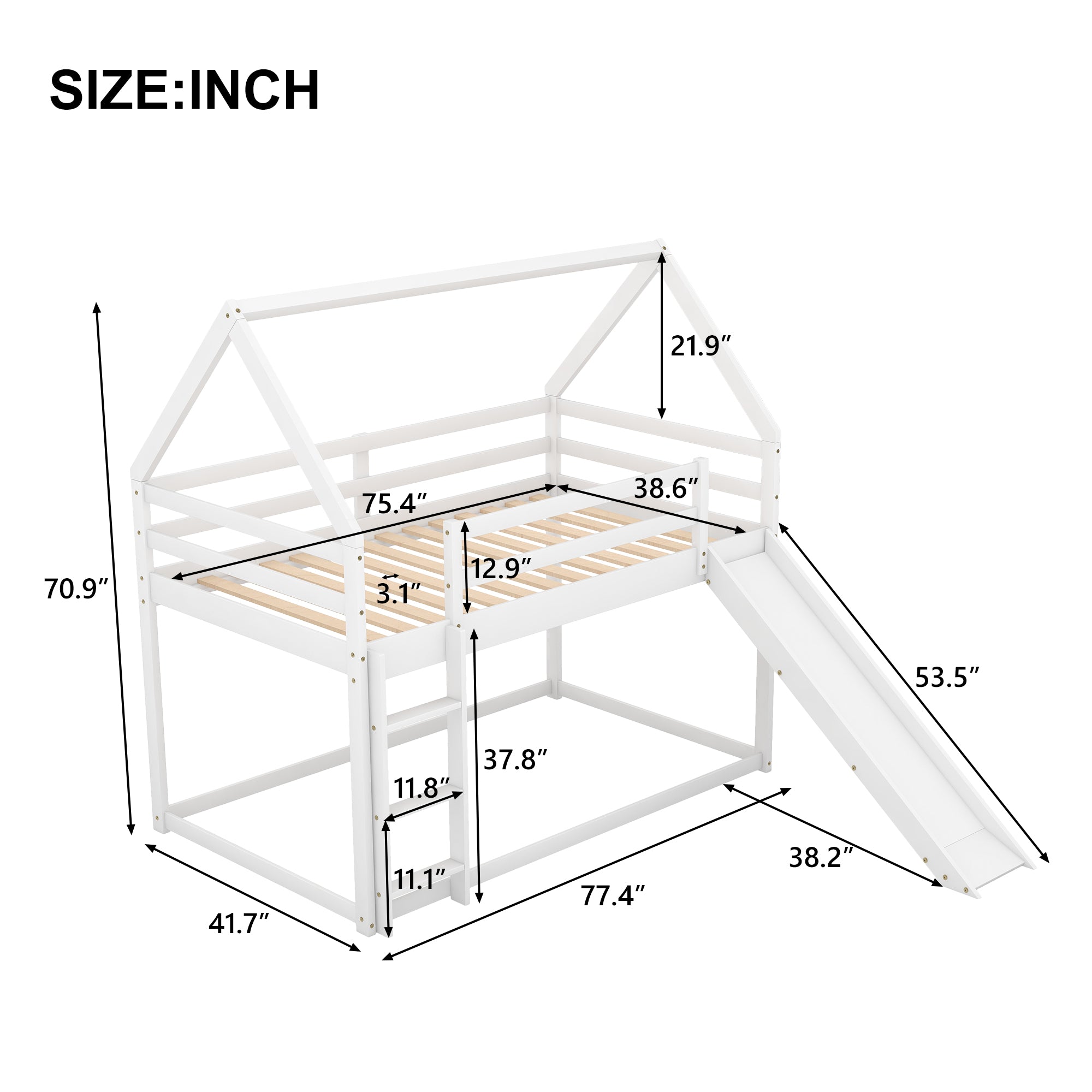 Royard Oaktree Twin Size Bunk House Bed with Slide and Ladder Wood Bunk Bed Frame with Slats and Guardrail