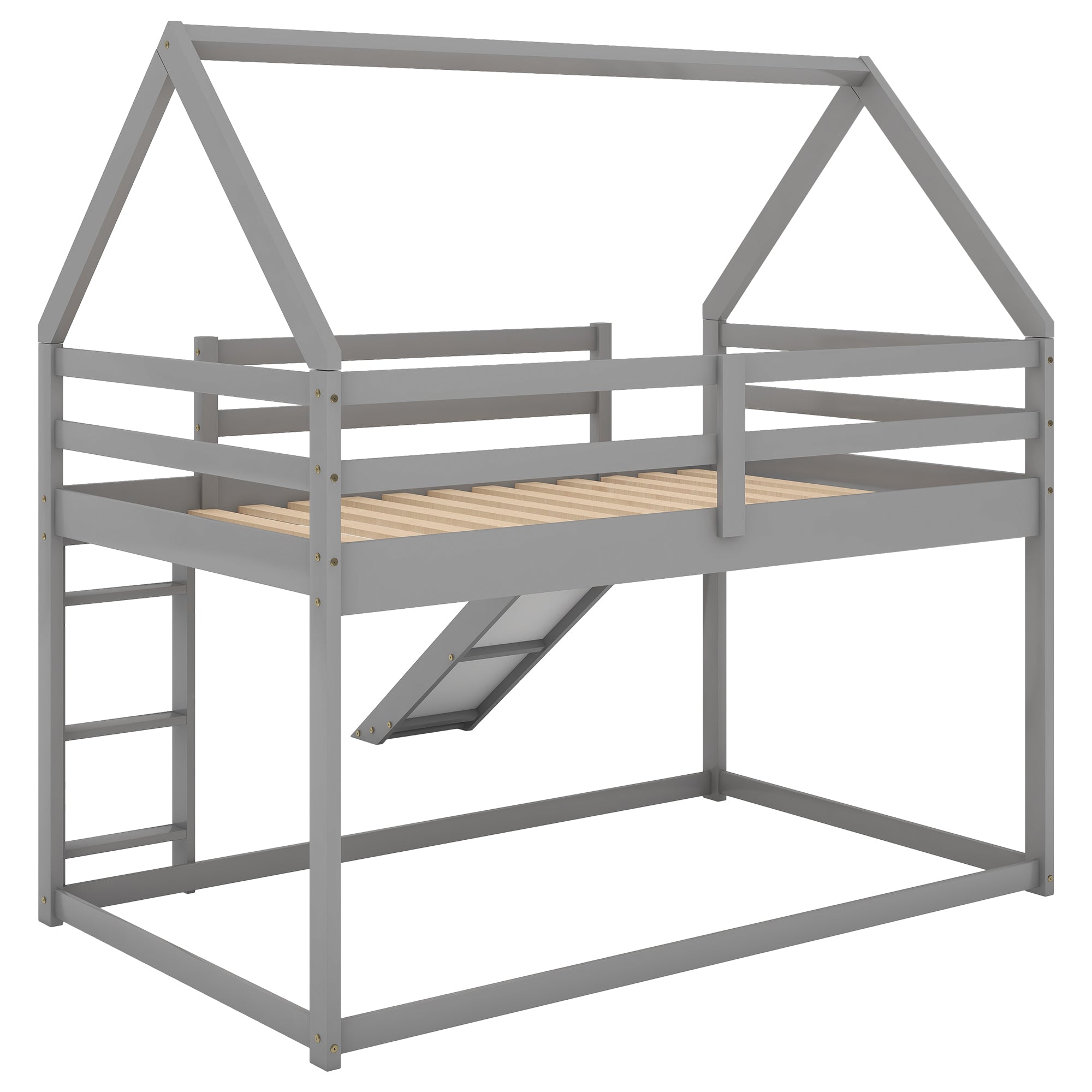 Royard Oaktree Twin Size Bunk House Bed with Slide and Ladder Wood Bunk Bed Frame with Slats and Guardrail