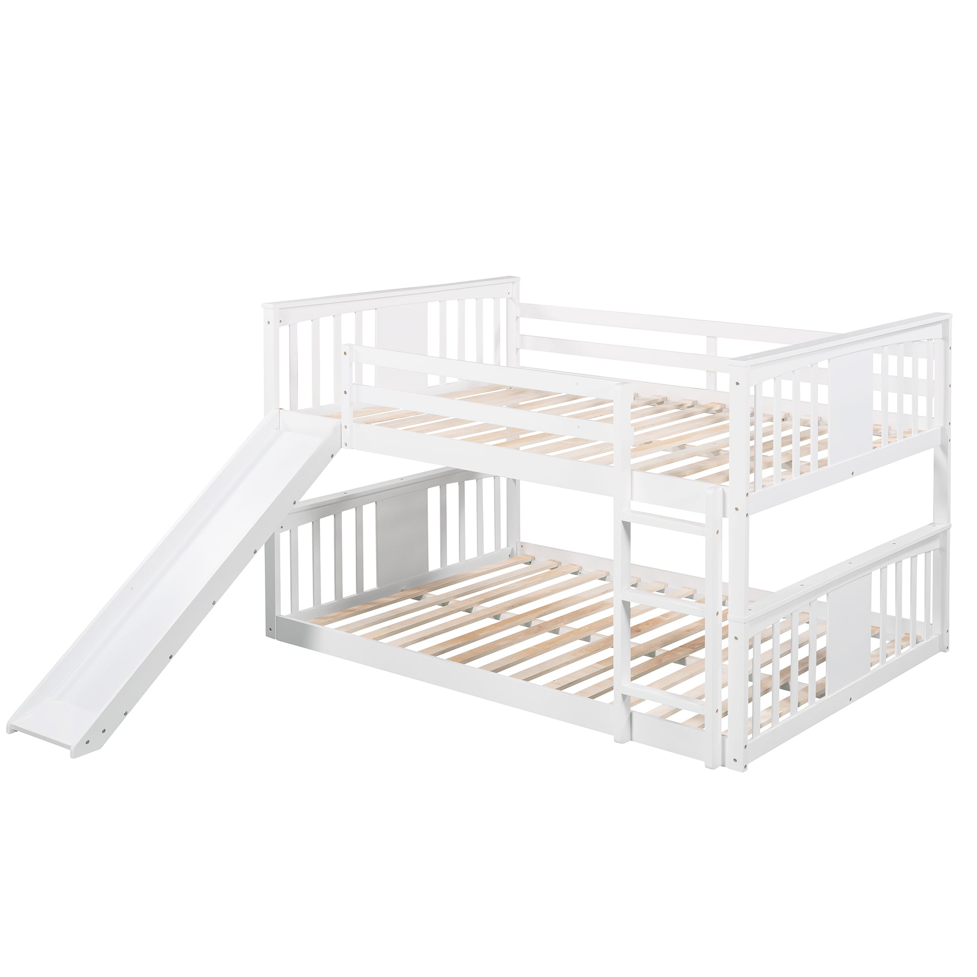 Royard Oaktree Full Over Full Bunk Bed with Ladder with Slide Wood Low Bunk Bed Frame with Guardrails and Slats, No Box Spring Needed