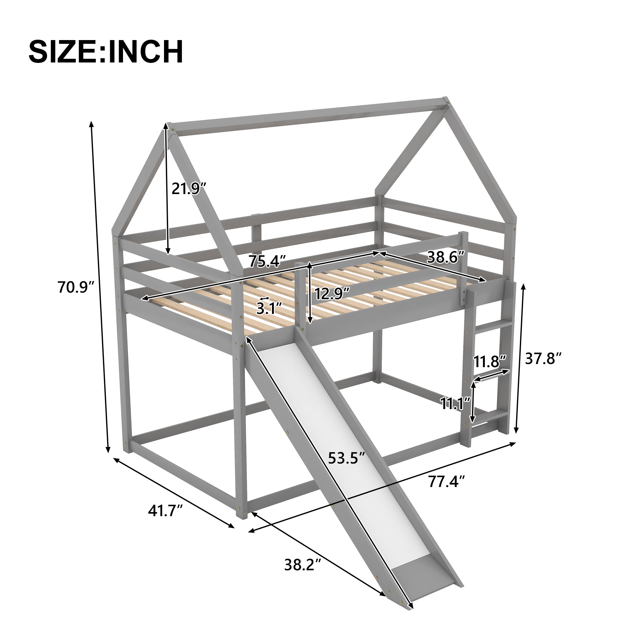 Royard Oaktree Twin Size Bunk House Bed with Slide and Ladder Wood Bunk Bed Frame with Slats and Guardrail