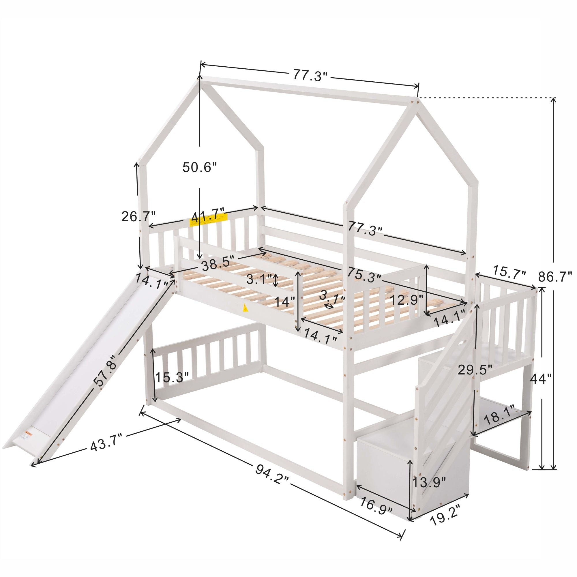 Royard Oaktree Twin over Twin House Bunk Bed Wood Bunk Bed Frame with Convertible Slide, Storage Staircase