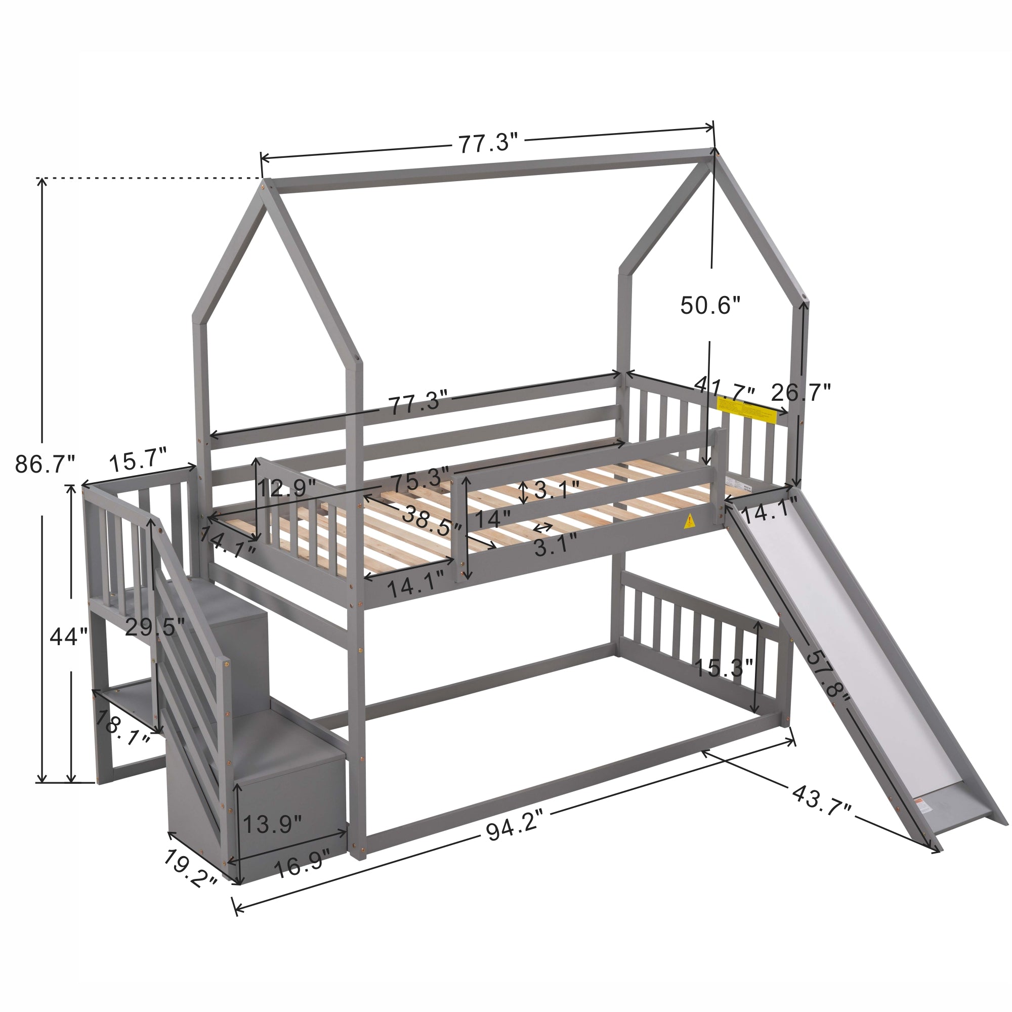 Royard Oaktree Twin over Twin House Bunk Bed Wood Bunk Bed Frame with Convertible Slide, Storage Staircase