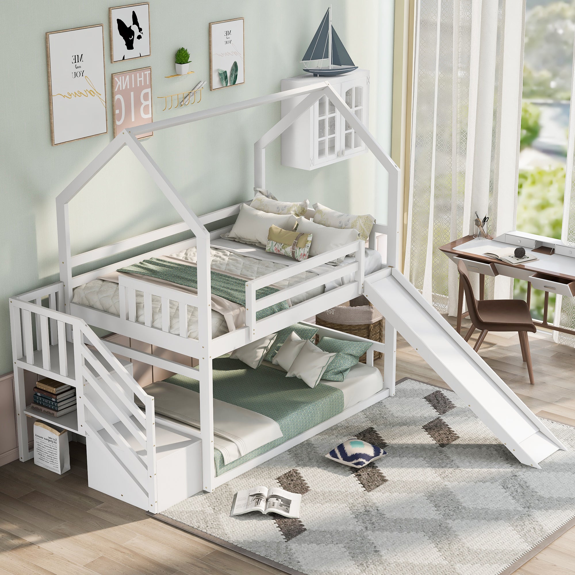 Royard Oaktree Twin over Twin House Bunk Bed Wood Bunk Bed Frame with Convertible Slide, Storage Staircase