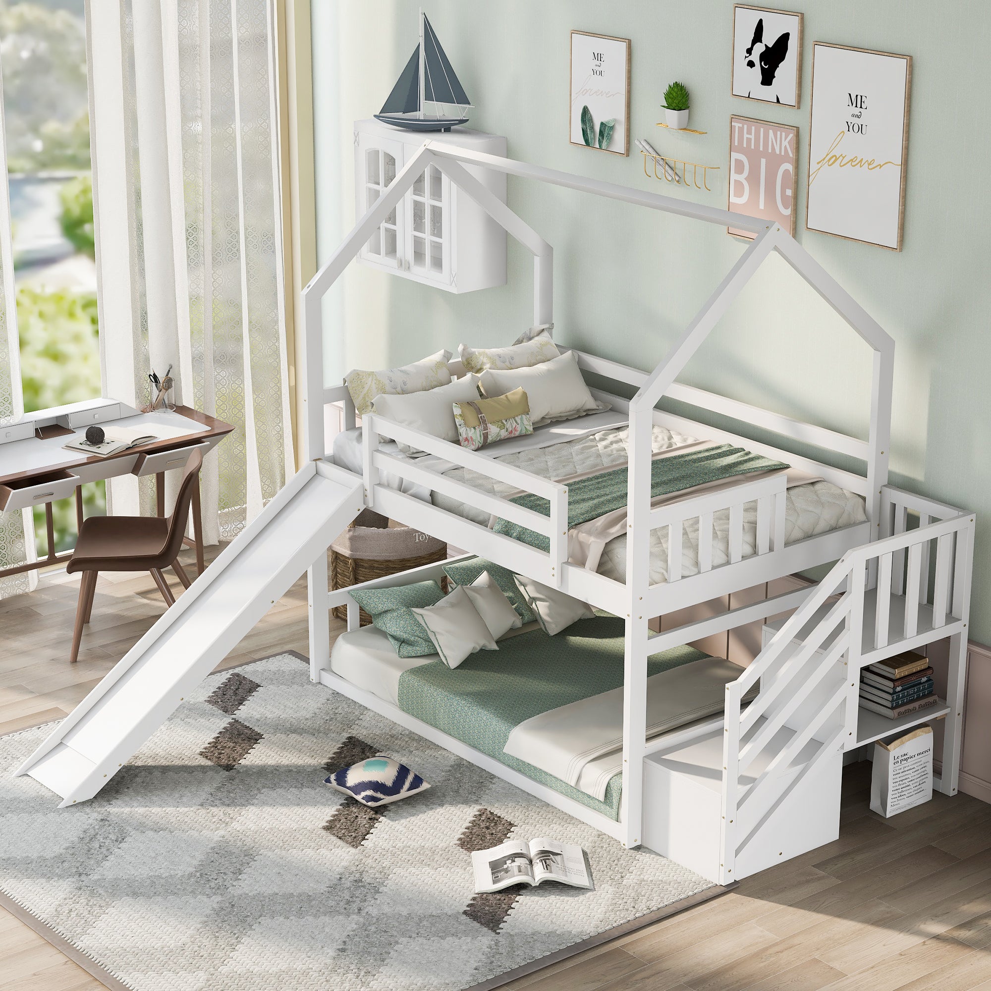 Royard Oaktree Twin over Twin House Bunk Bed Wood Bunk Bed Frame with Convertible Slide, Storage Staircase