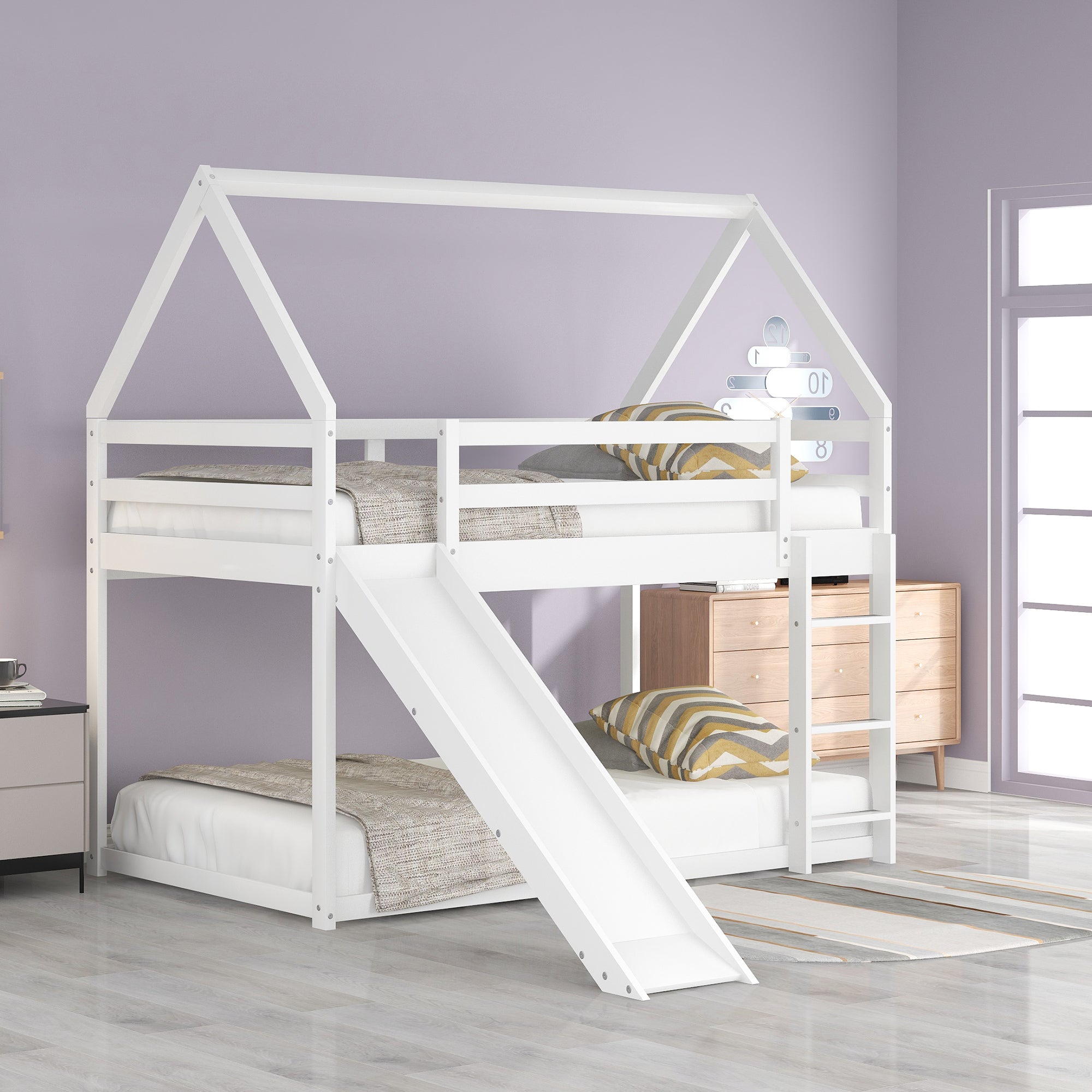 Royard Oaktree Twin Size Bunk House Bed with Slide and Ladder Wood Bunk Bed Frame with Slats and Guardrail