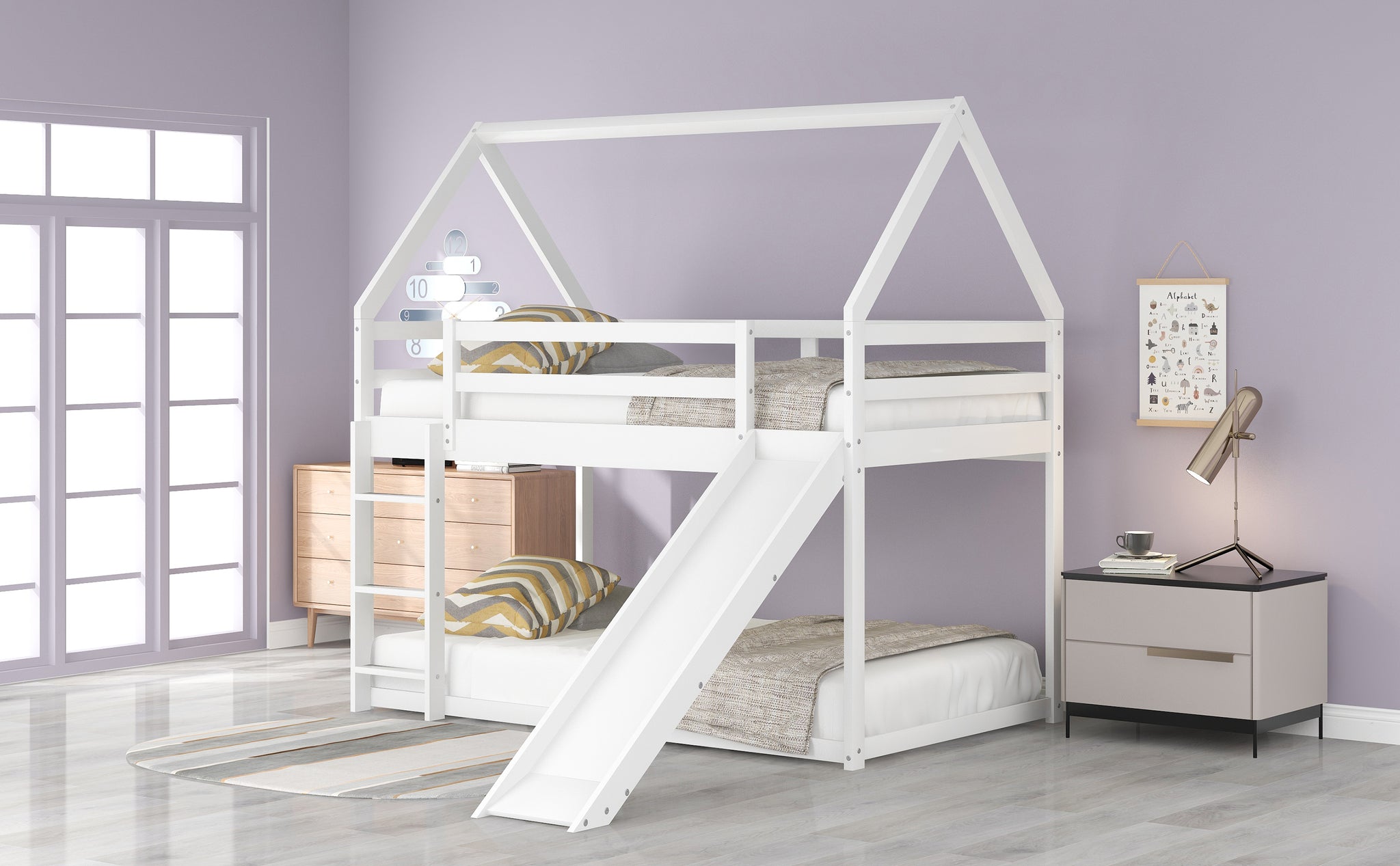 Royard Oaktree Twin Size Bunk House Bed with Slide and Ladder Wood Bunk Bed Frame with Slats and Guardrail