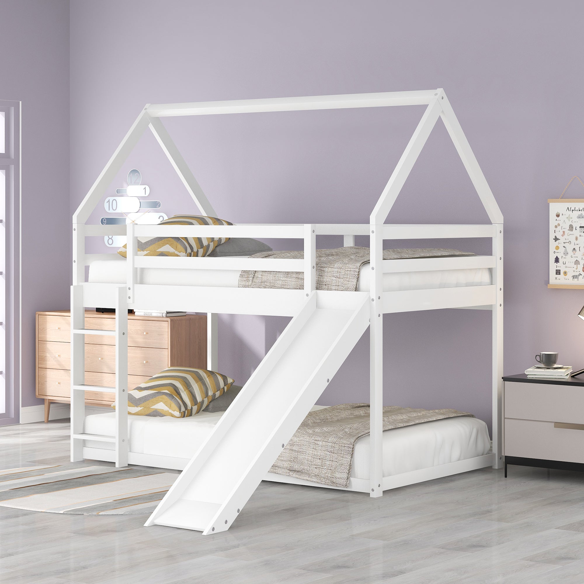 Royard Oaktree Twin Size Bunk House Bed with Slide and Ladder Wood Bunk Bed Frame with Slats and Guardrail