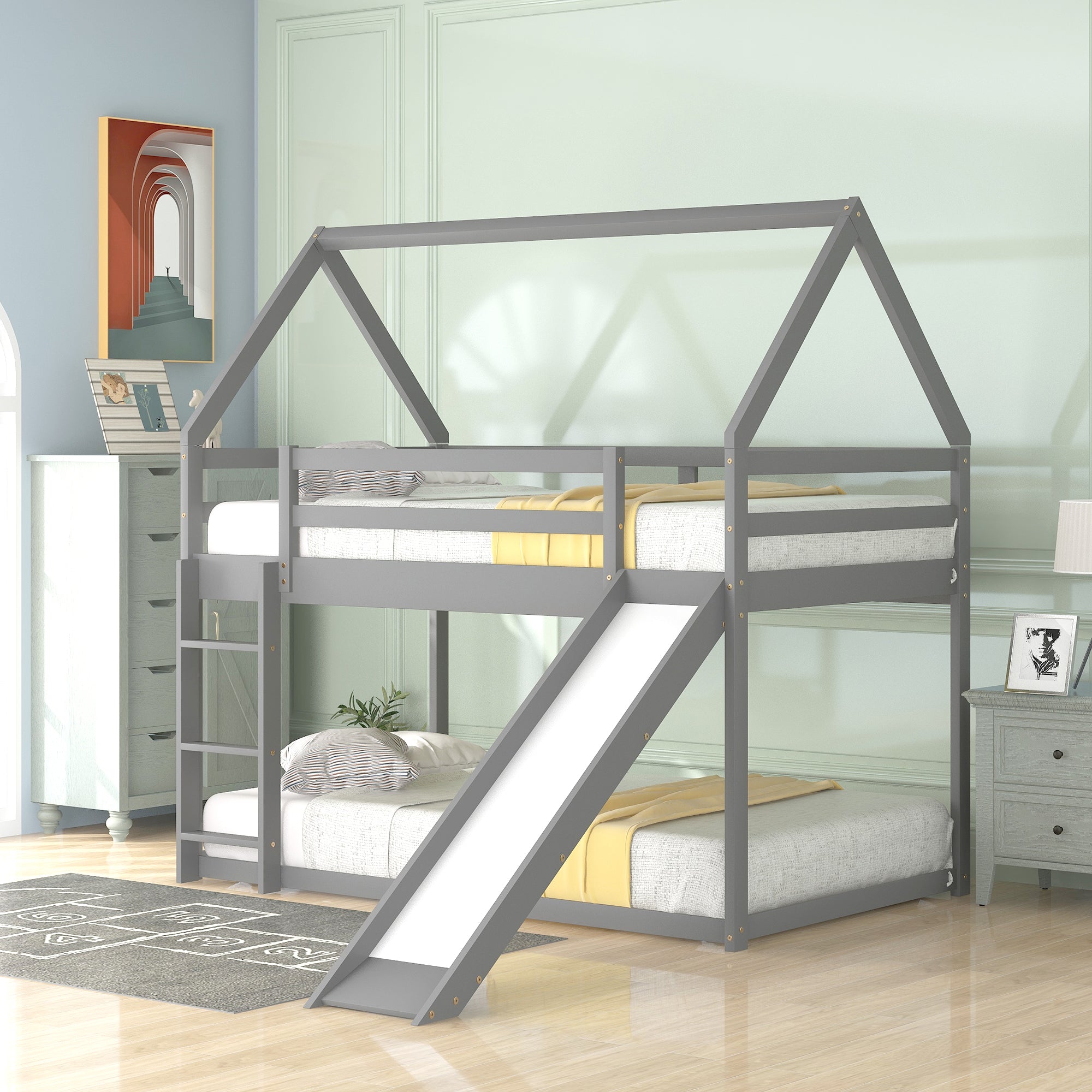 Royard Oaktree Twin Size Bunk House Bed with Slide and Ladder Wood Bunk Bed Frame with Slats and Guardrail