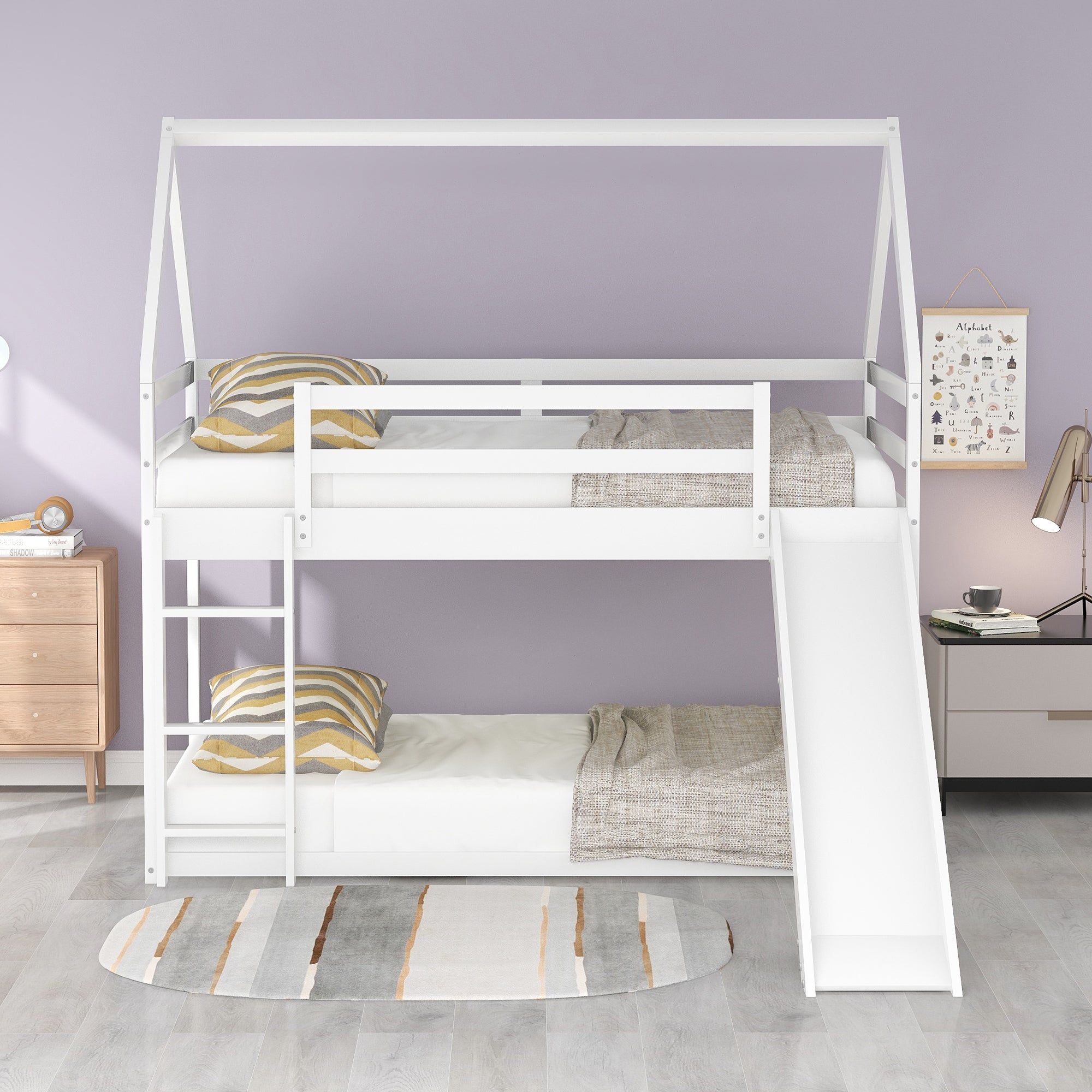 Royard Oaktree Twin Size Bunk House Bed with Slide and Ladder Wood Bunk Bed Frame with Slats and Guardrail