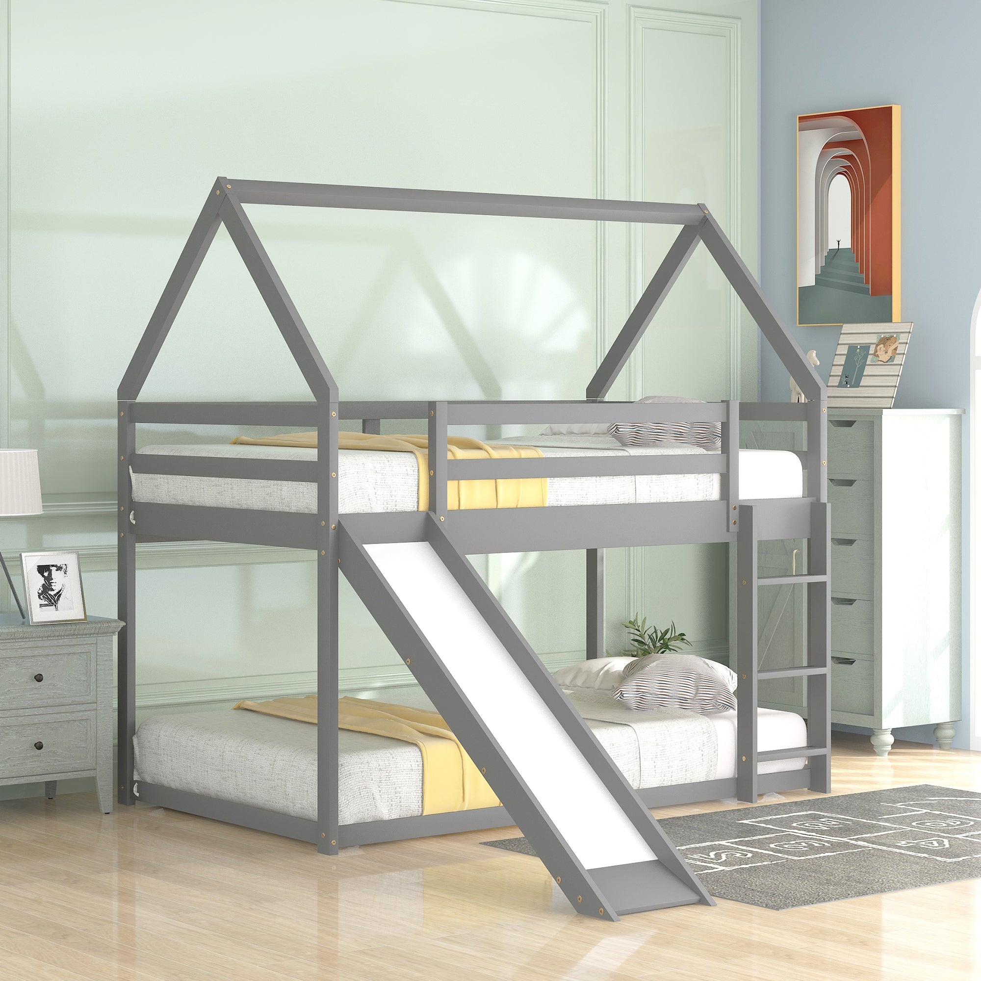 Royard Oaktree Twin Size Bunk House Bed with Slide and Ladder Wood Bunk Bed Frame with Slats and Guardrail