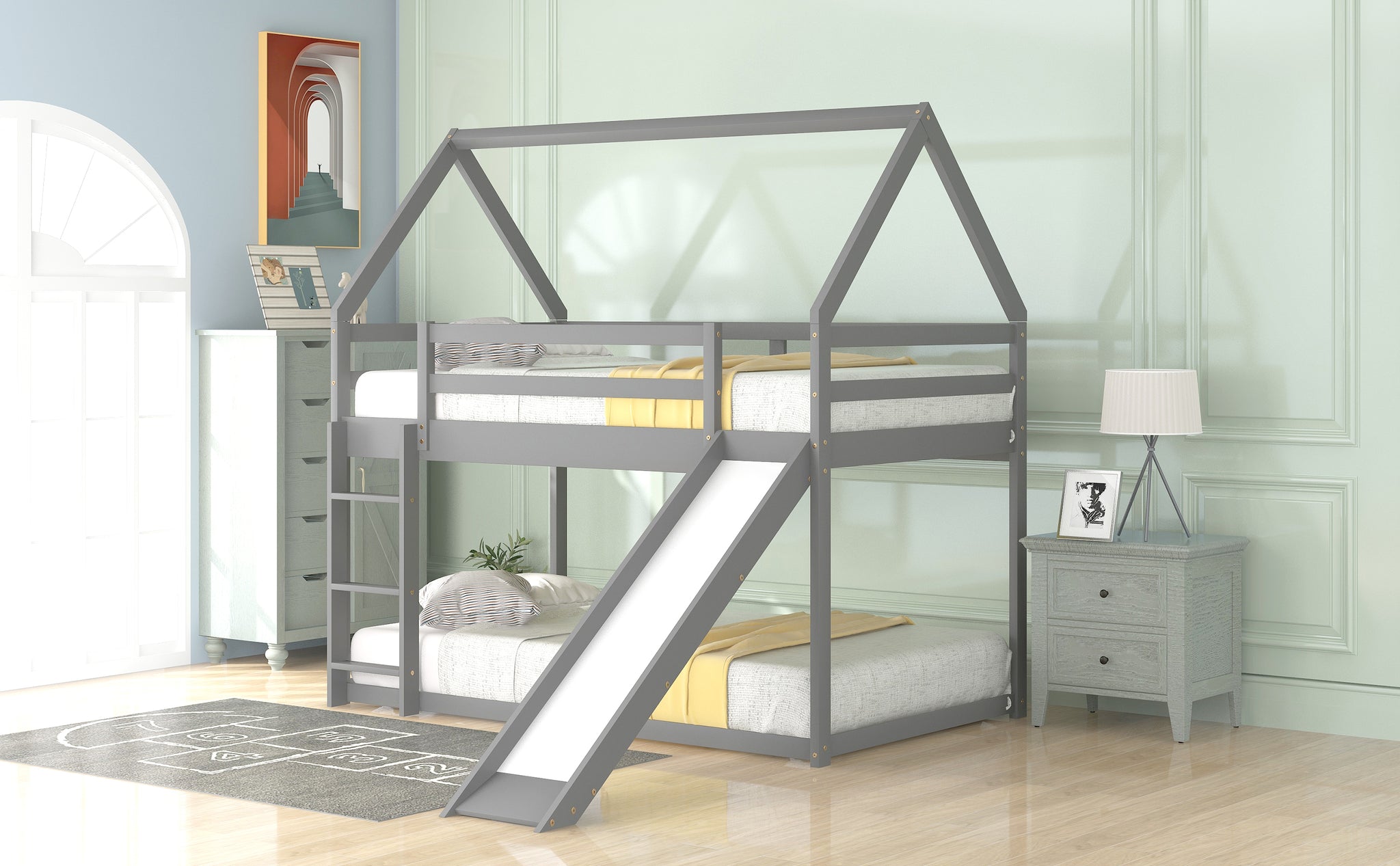 Royard Oaktree Twin Size Bunk House Bed with Slide and Ladder Wood Bunk Bed Frame with Slats and Guardrail