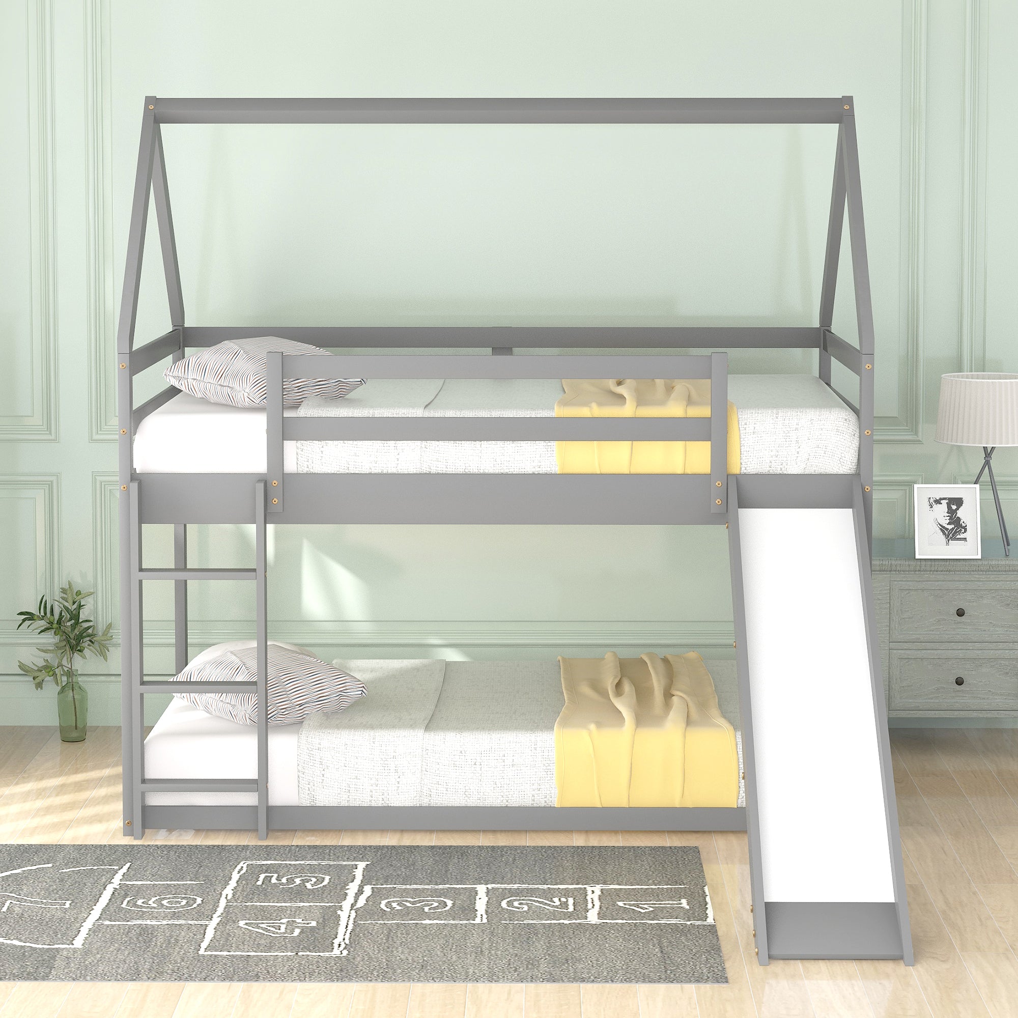 Royard Oaktree Twin Size Bunk House Bed with Slide and Ladder Wood Bunk Bed Frame with Slats and Guardrail