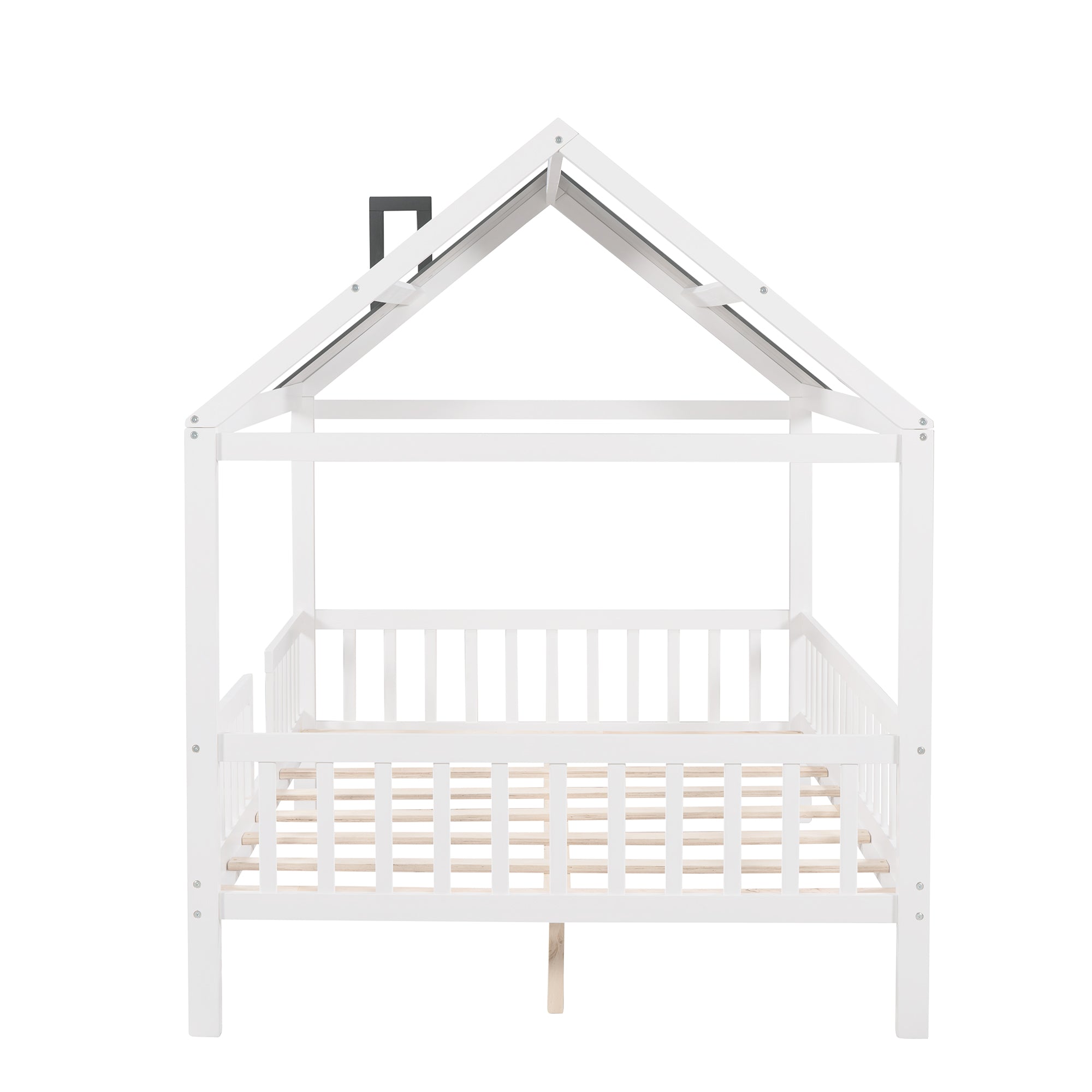 Royard Oaktree Wood House Bed with Fence Wood Platform Bed Frame with Roof and Slats Modern House Bed for Kids Teens Girls Boys