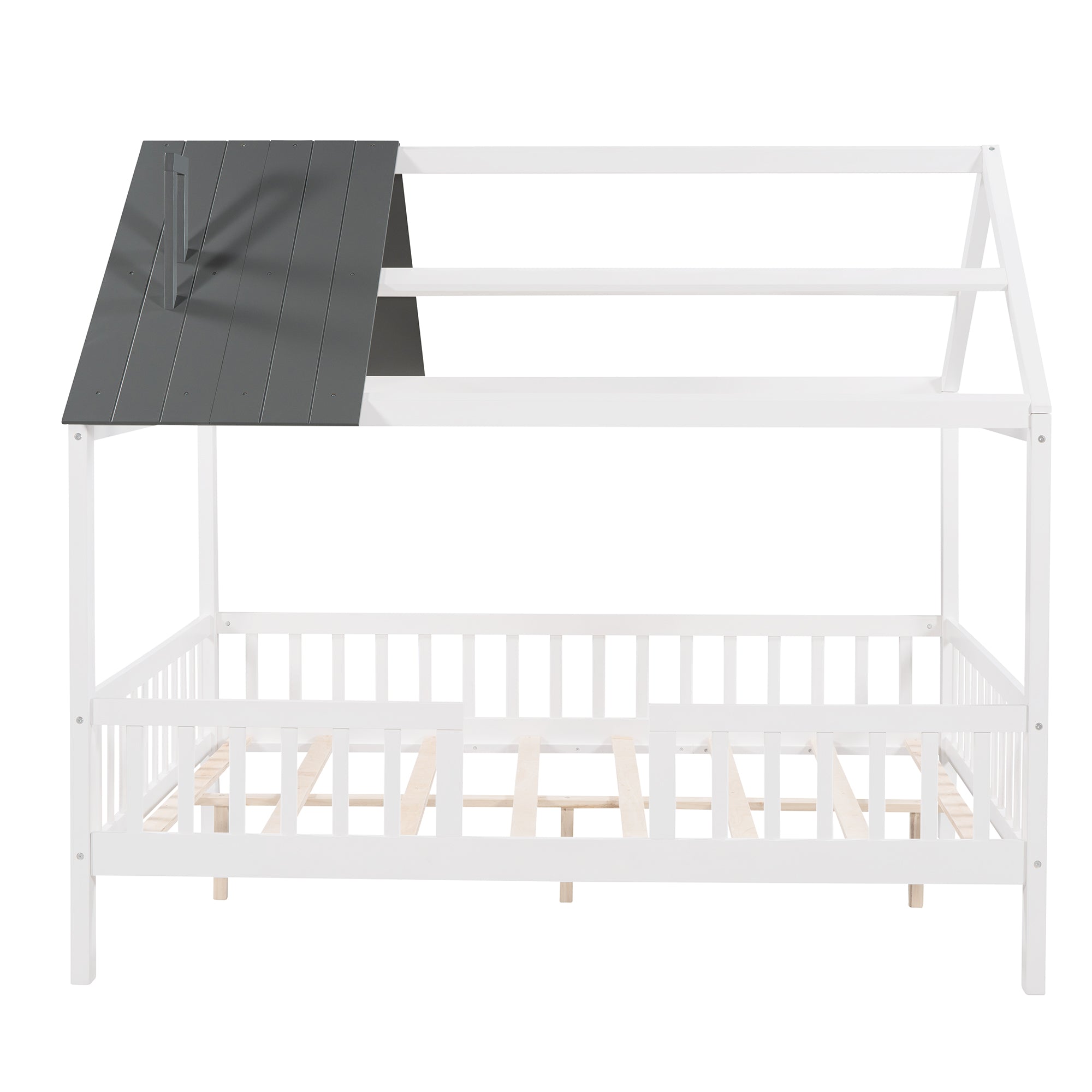 Royard Oaktree Wood House Bed with Fence Wood Platform Bed Frame with Roof and Slats Modern House Bed for Kids Teens Girls Boys