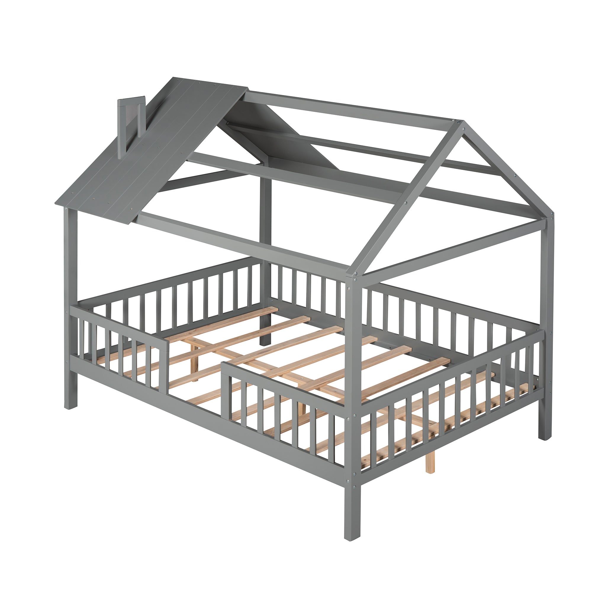 Royard Oaktree Wood House Bed with Fence Wood Platform Bed Frame with Roof and Slats Modern House Bed for Kids Teens Girls Boys