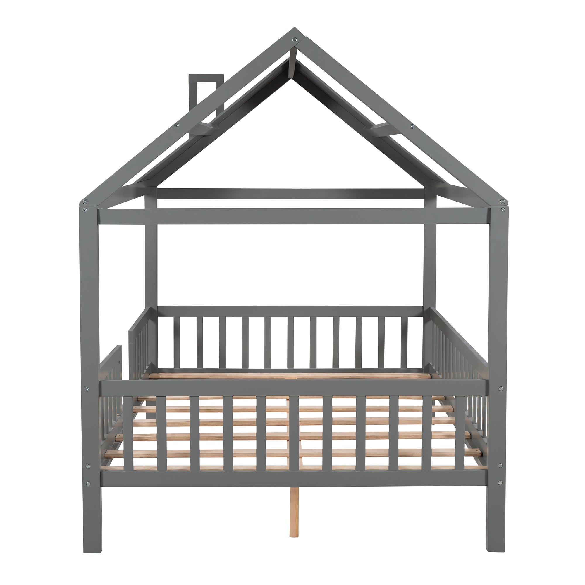 Royard Oaktree Wood House Bed with Fence Wood Platform Bed Frame with Roof and Slats Modern House Bed for Kids Teens Girls Boys