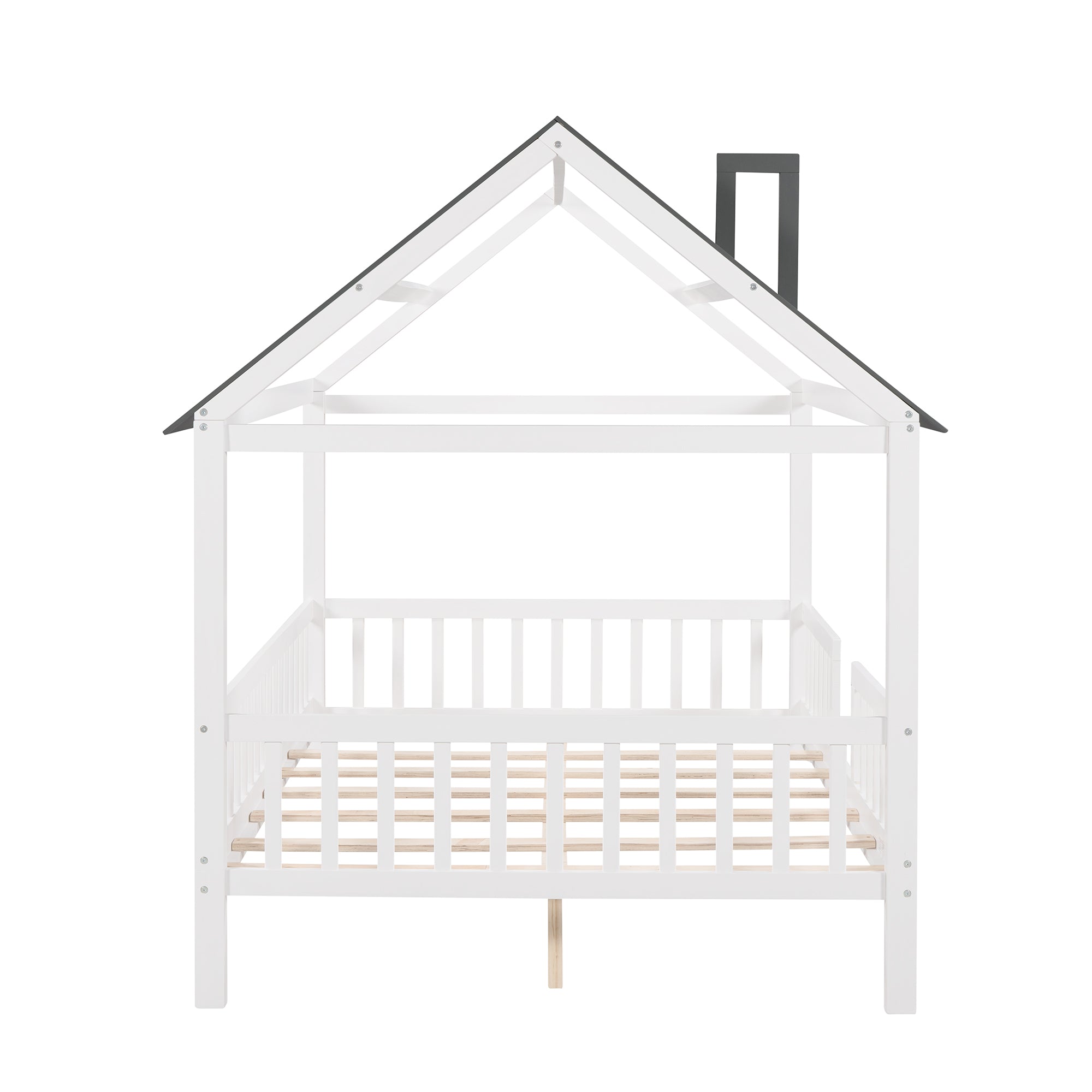 Royard Oaktree Wood House Bed with Fence Wood Platform Bed Frame with Roof and Slats Modern House Bed for Kids Teens Girls Boys